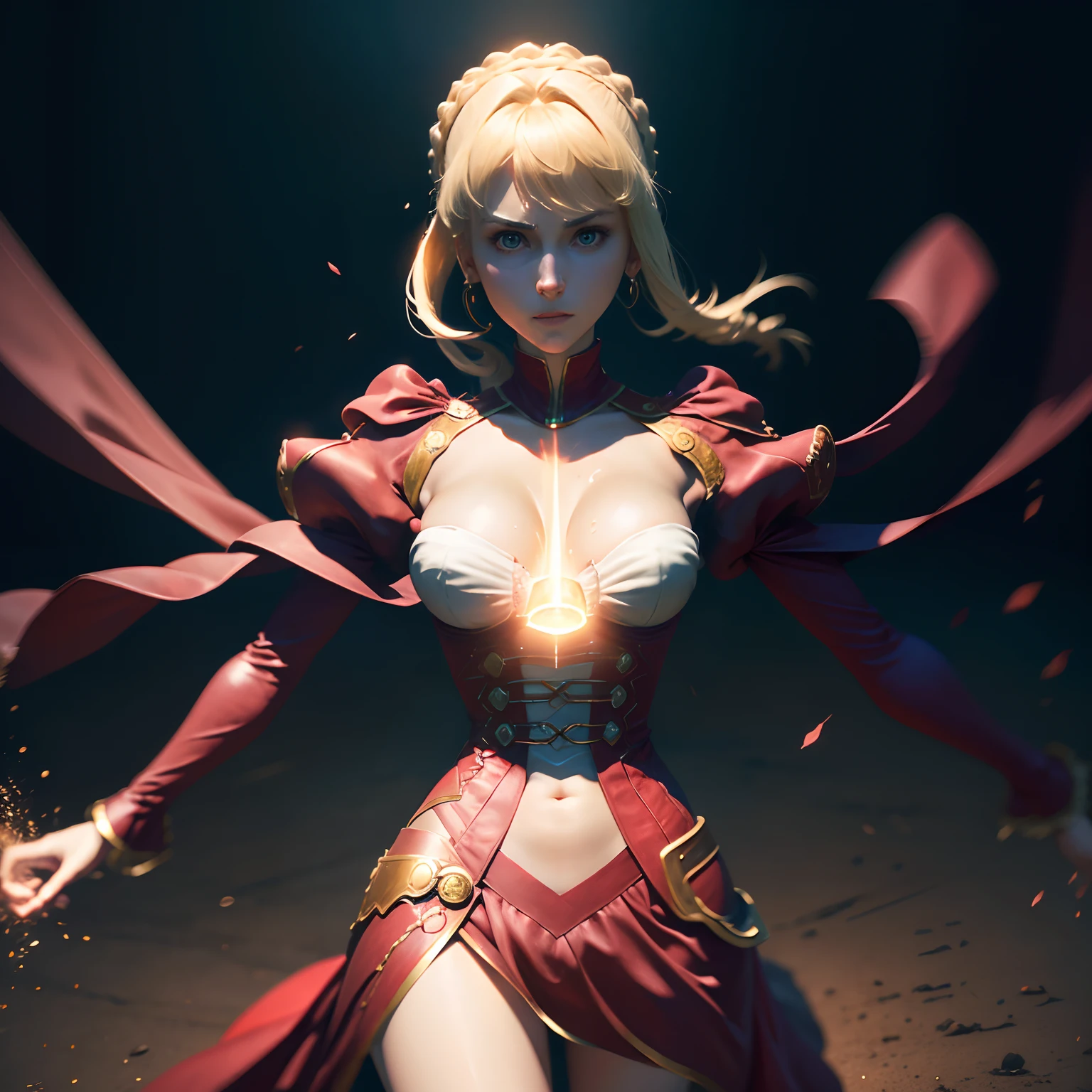 ((Personagem hyper realista)), (Nero Claudius de 20 anos), Grande Ordem do Destino, defronte/corpo inteiro/, corpo perfeito, corpo intrincado, cabelo longo, cabelo loiro, vestido vermelho,/Hiper realista, qualidade extrema, maximum details, max quality, Hyper realistic Cinematic lighting/,