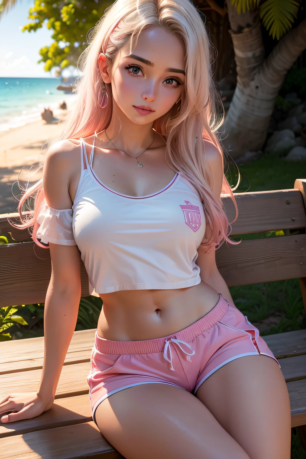Uma mulher jovem e bonita, blonde hair that falls gently in waves up to the shoulders, altura mediana, olhos grandes e azuis, pele clara, she's wearing pink shorts and a white t-shirt, sitting on a wooden bench by a tree during sunset, The environment is illuminated with lights of warm and pleasant colors making your hair shine, seu semblante esta naturalmente sereno, lips with light pink lipstick, Textura 8K, altamente detalhados, realista, soft Cinematic Light, HDR, sharp fokus, obra-prima, fotorrealista, fotografia premiada, Canon EOS R5, 35 mm