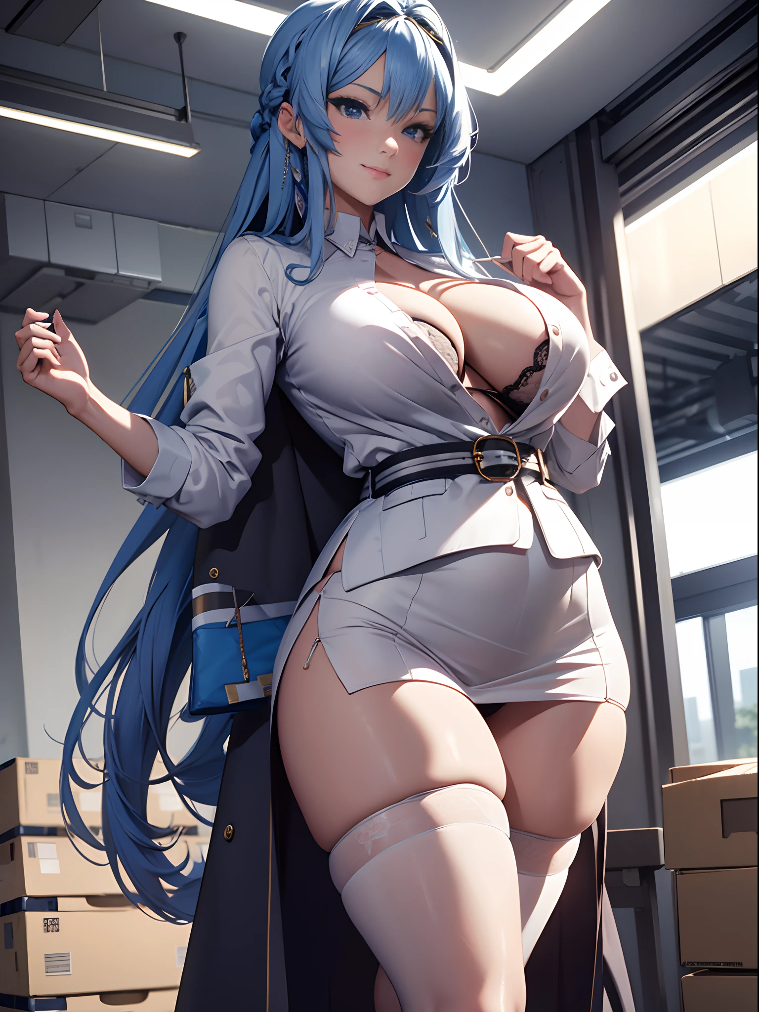 NSFW, 1girll, RAW photo , Best quality , Masterpiece , Photorealistic , Realistic details , Realistic proportions , A detailed face , face round , Whole body , full bodyesbian , Japanese female office worker , A MILF , attractive mature lady , 25 age old, Seductive smile , Curvy , secretary , Very short miniskirt:1.4 , Skirt lift 1.8 , Panty shots:1.2 , a garter belt ,Pantyhose , Spread legs, Transparent blouse:1.5 ,Bra compartment shirt:1.5 ,glistning skin , ,Stand in the warehouse , Dynamic lighting，