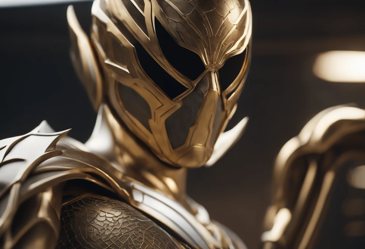 a close up of a statue of a man with a gold and white costume, super detailed render, 3 d render character art 8 k, intricate white and gold armor, full samurai armor spiderman, high detail iconic character, 8k render”, octane render ”, octane render”, super detailed octane render, super rendered in octane render, hyper detailed 3 d render, futuristic style spiderman