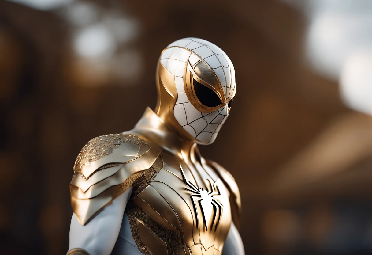 a close up of a statue of a man with a gold and white costume, super detailed render, 3 d render character art 8 k, intricate white and gold armor, full samurai armor spiderman, high detail iconic character, 8k render”, octane render ”, octane render”, super detailed octane render, super rendered in octane render, hyper detailed 3 d render, futuristic style spiderman