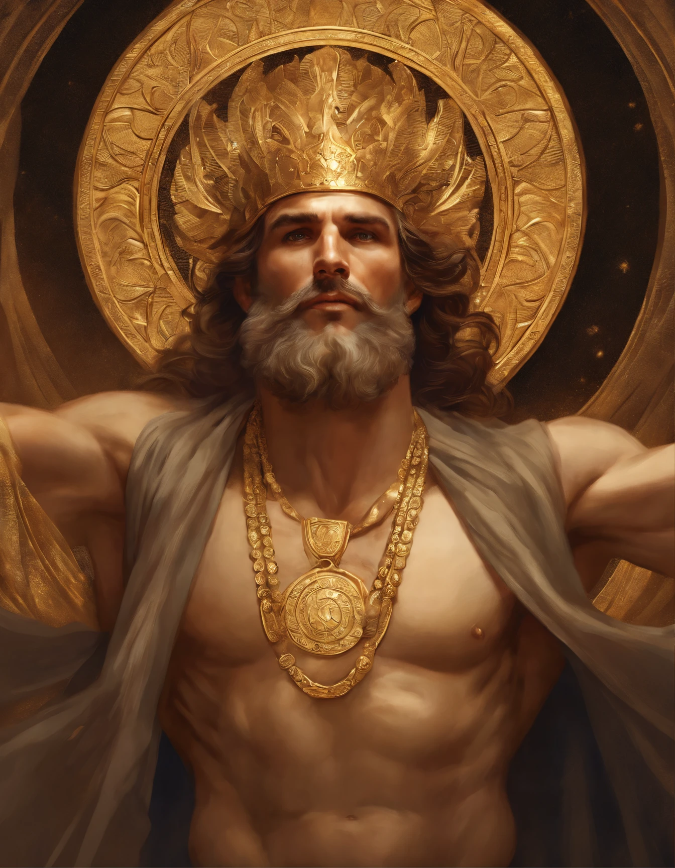Portrait of an elegant stout mighty God unleashing all his powers, digital painting in the style of Robert Liberace, dynamic action poses of stout zeus, god of thunder, greek god, blond hair, male, mature, handsome, upper body, muscular, hairy torso, fantasy, intricate, elegant, highly detailed, digital painting, art station, concept art, soft, sharp focus, illustration, art by Robert Liberace, Gaston Bussiere and Alphonse Mucha, klimt, art deco