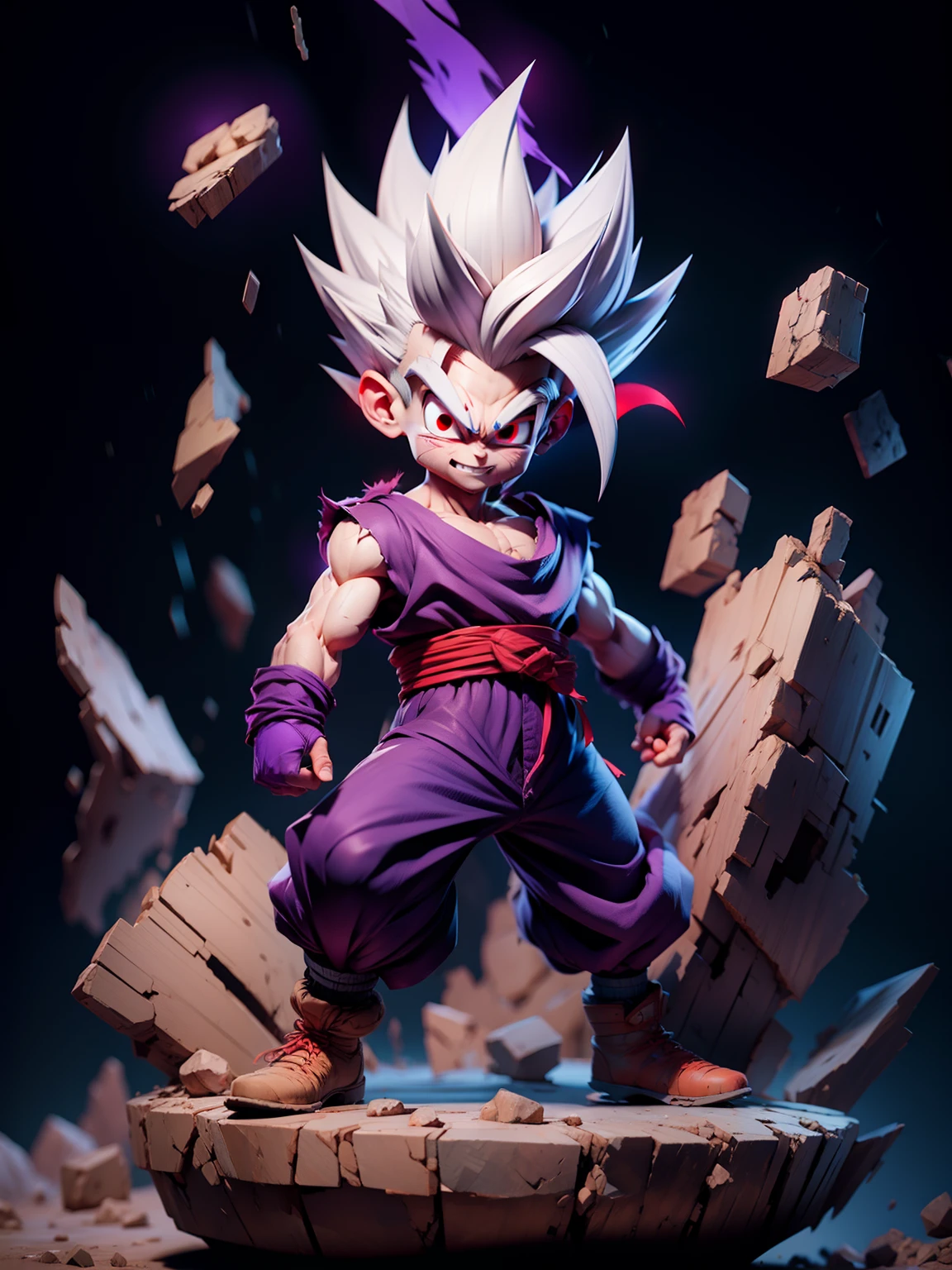 masterpiece, best quality, ultra-detailed, Adult Gohan 1boy, solo, Full body, evil smile, grey hair, spiked hair, (((red eyes))), (((perfect eyes))), (((PURPLE dougi))), full body, looking at viewer, male focus, earth \(planet\), planet, space, cracked ground and lots of rocks rising up, lots of debris going up, perfect hands . Cute, chibi,