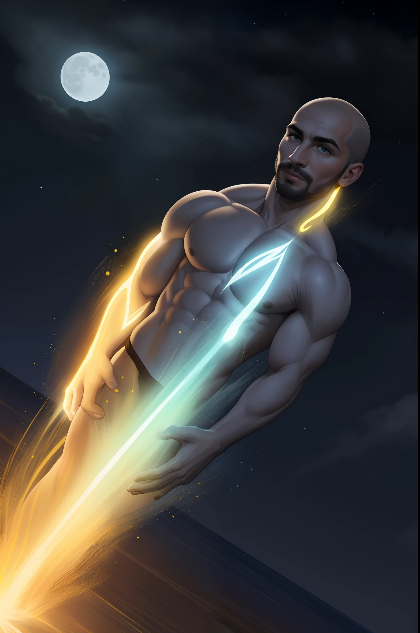 homem careca sem cabelo de os olhos verdes , iluminados pela lua, nuvem, lua, Estrelas, colorido, circunstanciado, 4k Jesus, tiro de corpo inteiro, olhos firmes, olhando para frente, lightning in the sky, arms extended, olhando para frente, parado no topo de uma montanha, manto e capa vermelhos,azul, e amarelo, laranja, cruz brilhante no ar arte de luz neon, No escuro da noite, Um navio alto navega pelos mares iluminados pela lua, nuvem, lua, Estrelas, colorido, circunstanciado, 4k