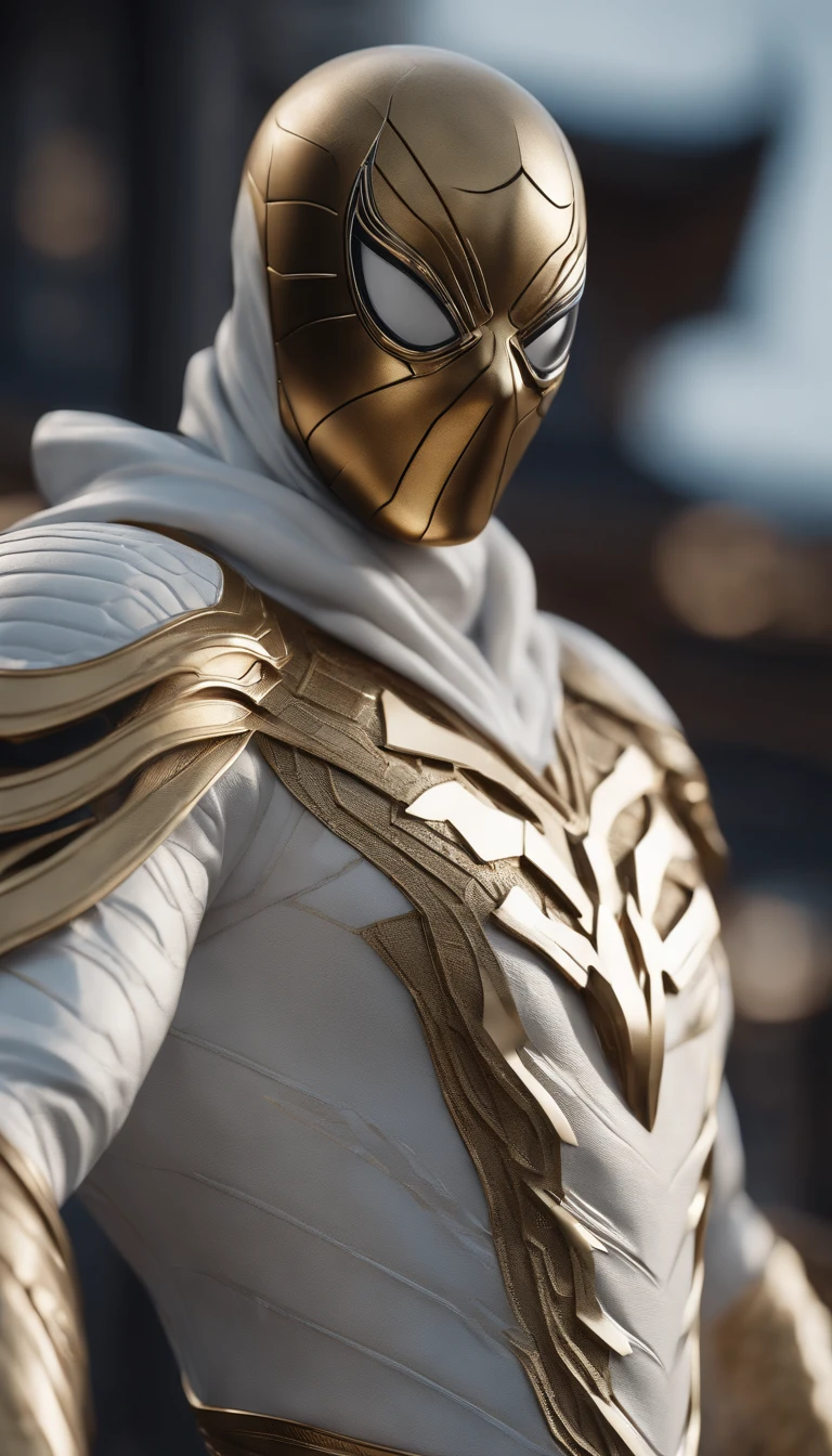 a close up of a statue of a man with a gold and white costume, super detailed render, 3 d render character art 8 k, intricate white and gold armor, full samurai armor spiderman, high detail iconic character, 8k render”, octane render ”, octane render”, super detailed octane render, super rendered in octane render, hyper detailed 3 d render, futuristic style spiderman