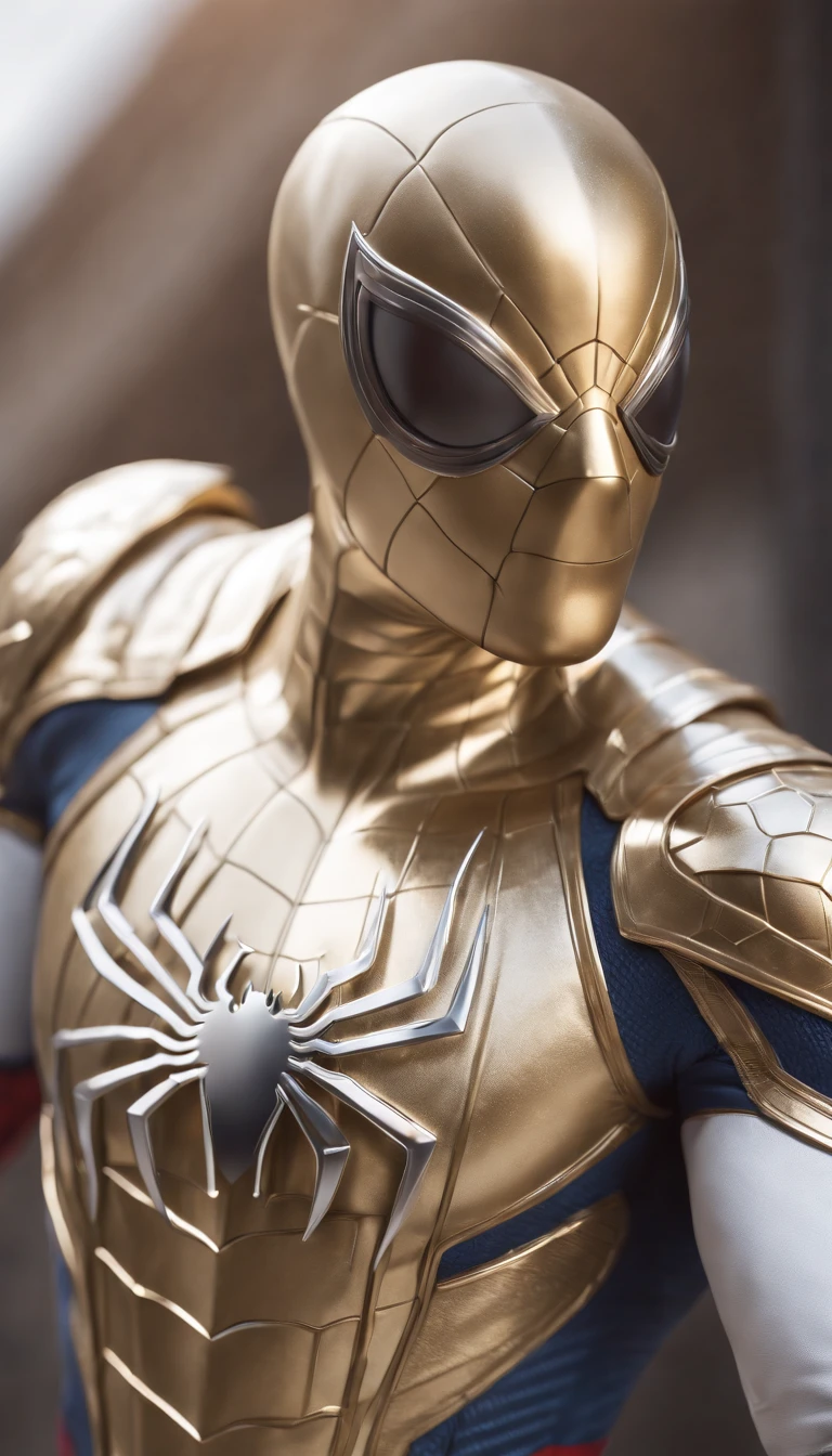 a close up of a statue of a man with a gold and white costume, super detailed render, 3 d render character art 8 k, intricate white and gold armor, full samurai armor spiderman, high detail iconic character, 8k render”, octane render ”, octane render”, super detailed octane render, super rendered in octane render, hyper detailed 3 d render, futuristic style spiderman