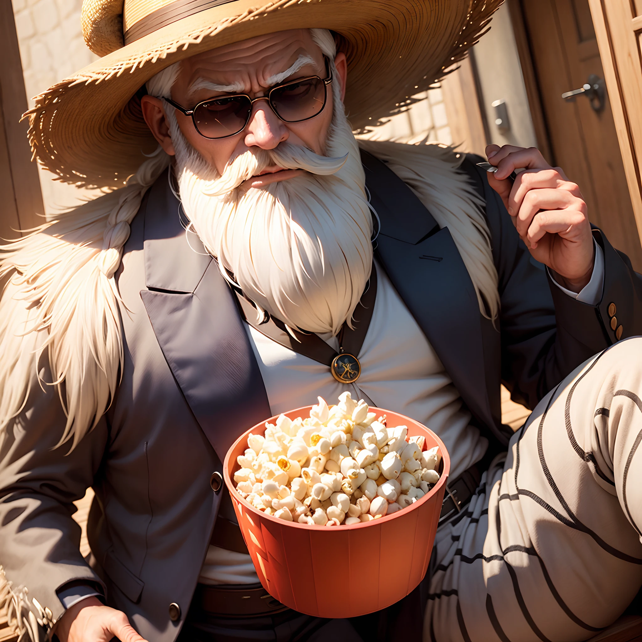 Old Master Kame White Hair Big Beard Wearing Sunglasses and Straw Hat and Suit Eating Popcorn Holding a Dragon Ball, anime photorealistic, realistic, kinematic lighting, ultra realista