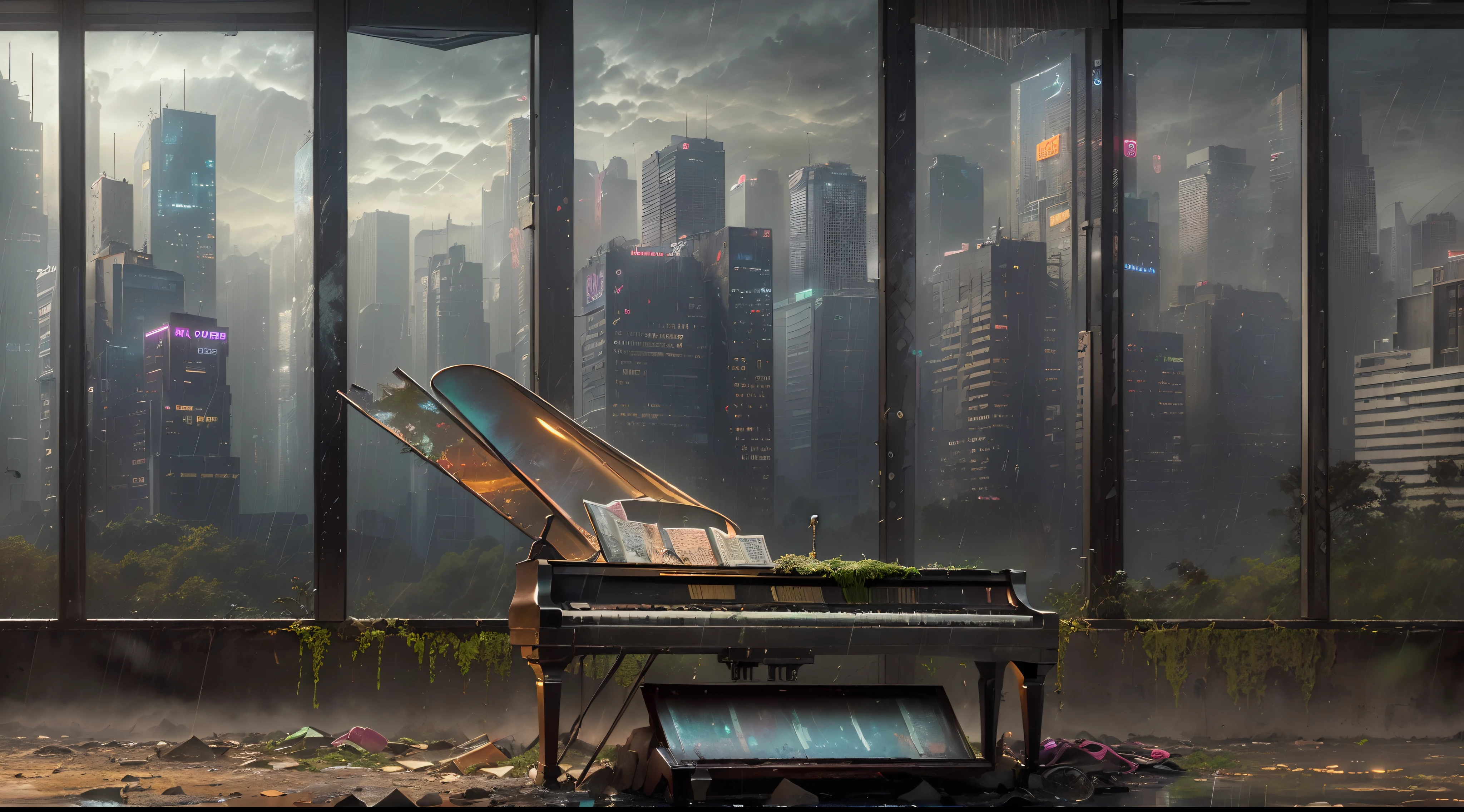 (((Artistic Image, metade da imagem com (Cena surreal com um piano de cauda em meio a paredes desmoronadas, Piano de cauda com telhado), | metade da imagem com ((Opening to an abandoned night metropolis with skyscrapers in the rain), ((Chuva na cidade):1.5), (deteriorated skyscraper), ( Skyscraper with silt), ( Skyscraper with rust), | ((Antecedentes com o DEPH):1.5), A dreamlike atmosphere is created by softly lit architectural details, | The piano is a symbol of timeless beauty in the midst of decadence, Pintura Digital com Elementos do Impressionismo, Very high detail, tiro grande angular, Adding a dash of mystery to the composition))), (Rastreamento de caminho), (Cyberpunk), (Post apocalyptic), 16k, UHD, max quality, Max Resolution, ultrarrealista, Ultra Detalhado