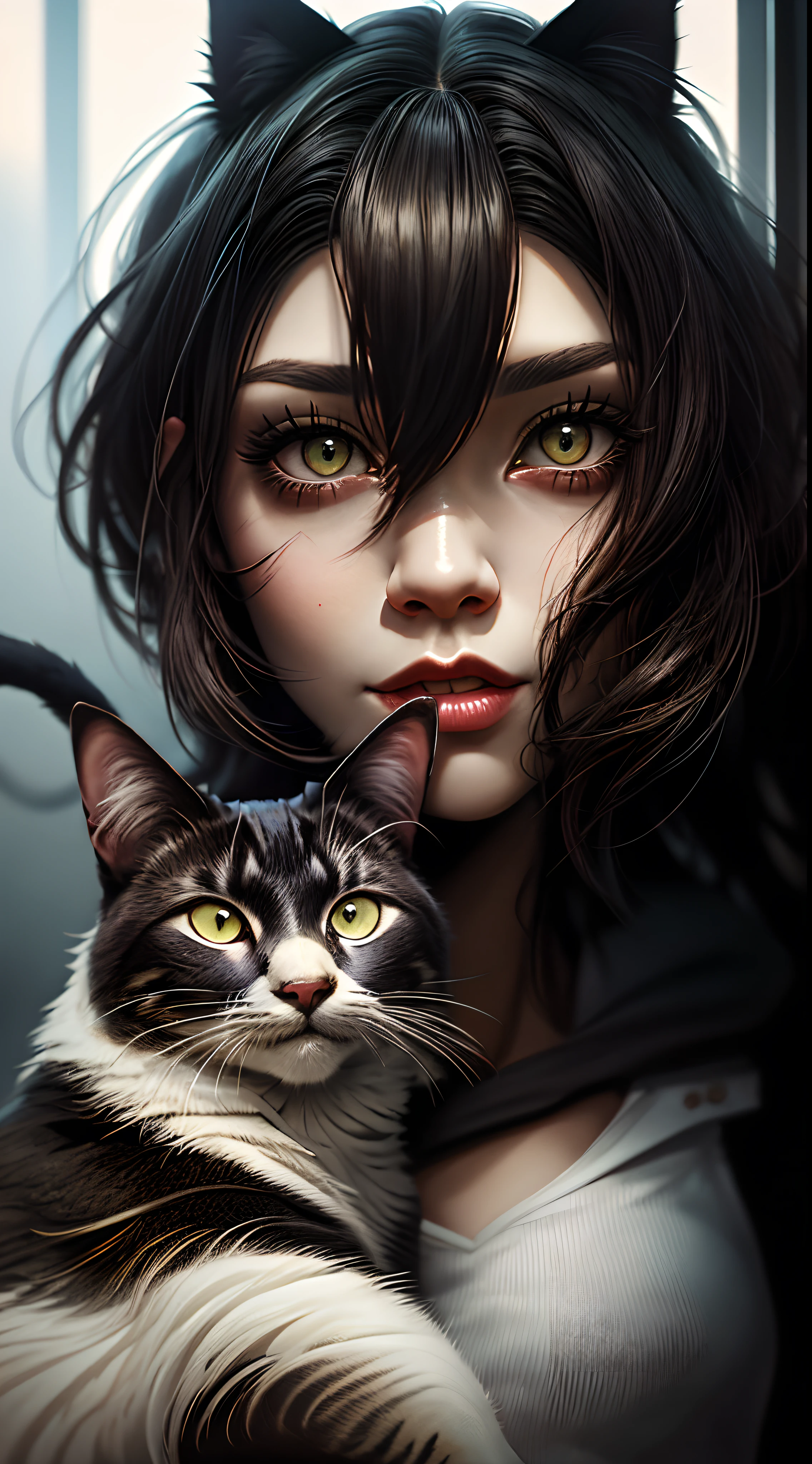 Mulher arafed com cabelo preto longo segurando um gato preto, mulher e gato, Woman / cat hybrid, cabelos pretos e olhos grandes, gatinha jovem bonita, menina gato atraente, gato preto, cara bonito. fantasia sombria, arte realista, retrato de alta qualidade, beautiful portrait, arte digital ultra realista, gatos pretos, mulher linda, Por Irakli Nadar