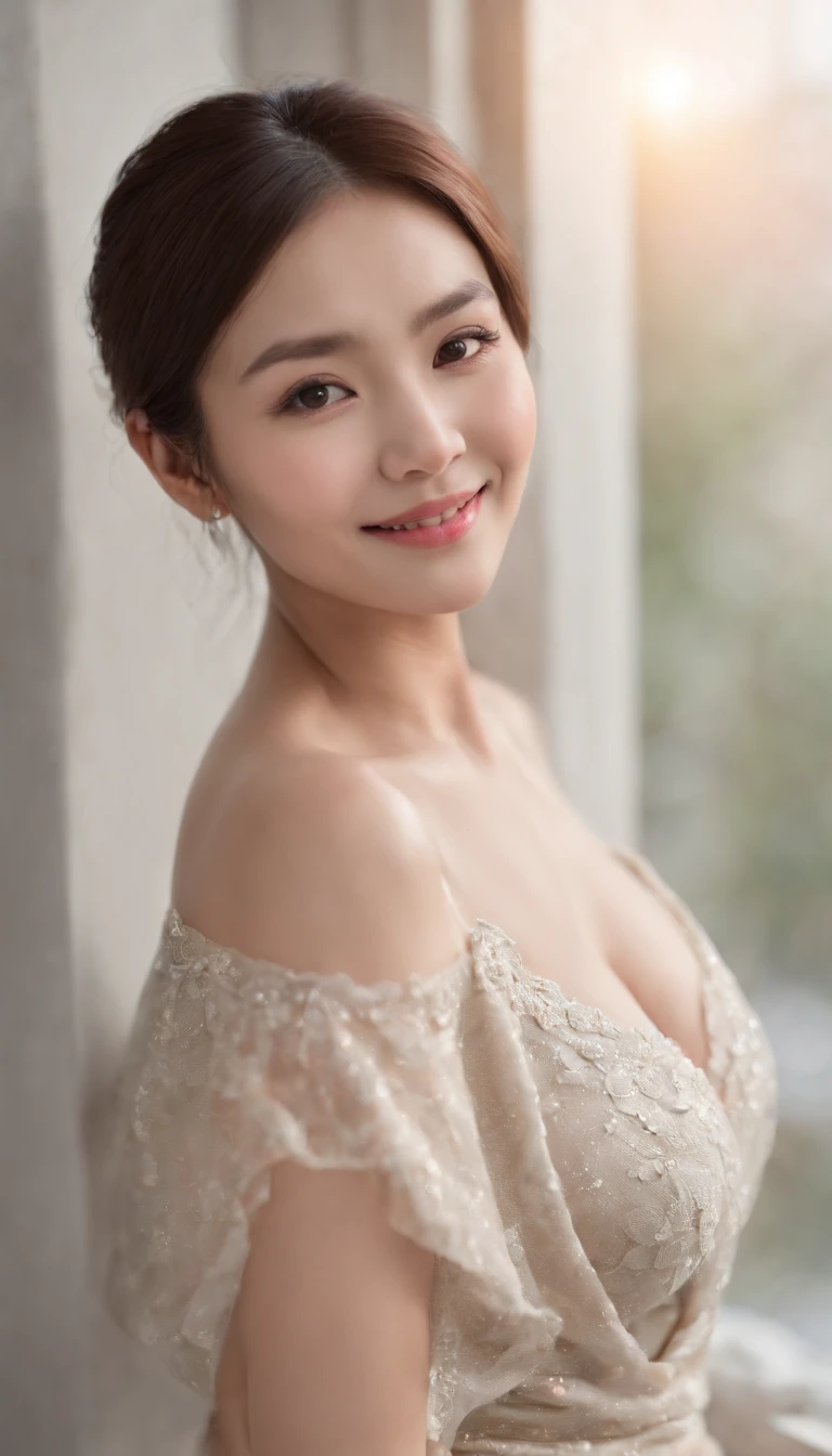 (Photo: 1.3) af (Realistic: 1.3), Asian female, Soft light, Clear face, cheerfulness, cheerful big breasts, Smiling, Warm light, ((Off-white gradient background)), (Background)). ((Gray wall background)) , (long or short hair), Smile, Handsome, Middle-aged woman,, Short hair, Smile,Skirt that wraps hips