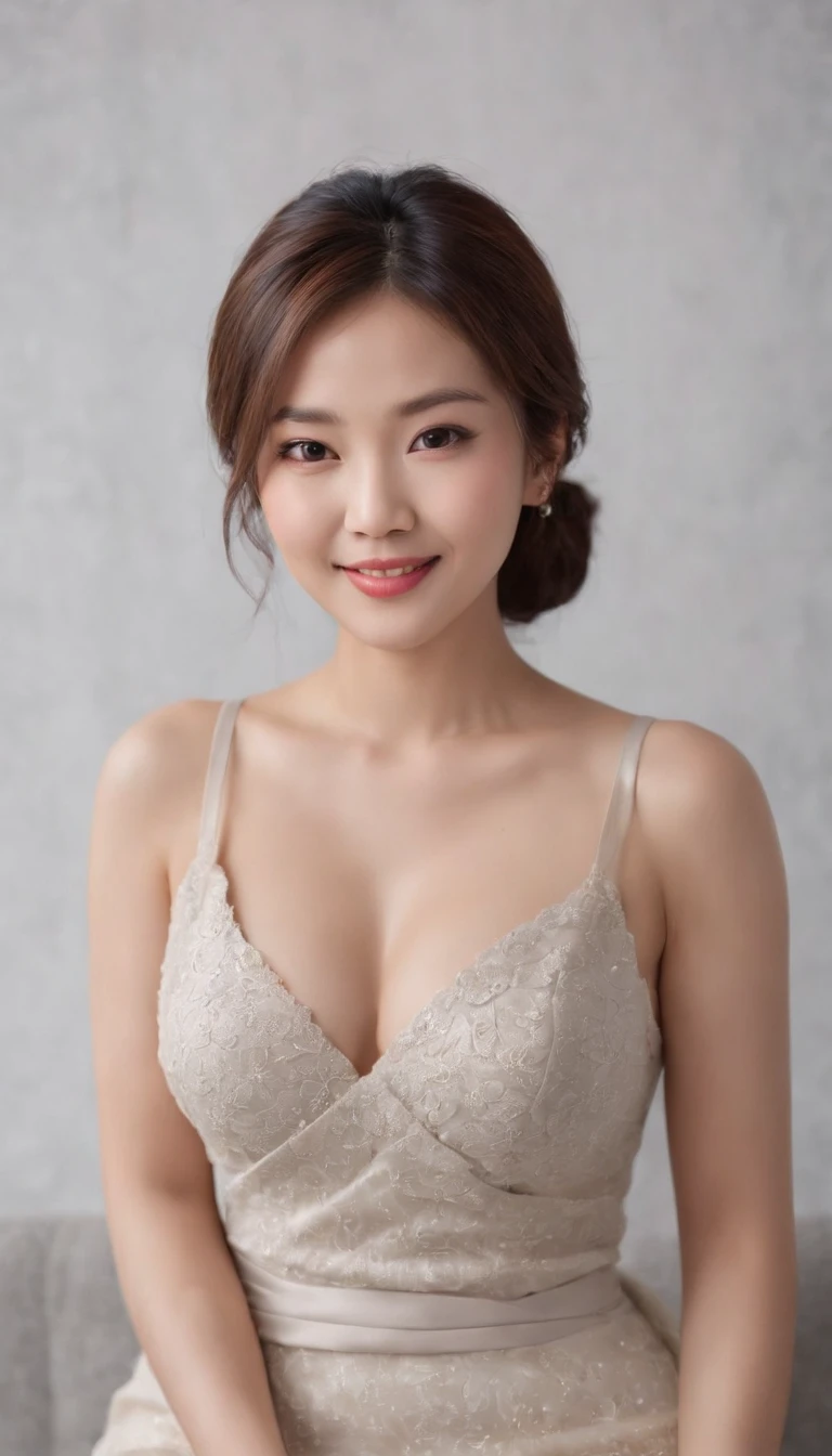 (Photo: 1.3) af (Realistic: 1.3), Asian female, Soft light, Clear face, cheerfulness, cheerful big breasts, Smiling, Warm light, ((Off-white gradient background)), (Background)). ((Gray wall background)) , (long or short hair), Smile, Handsome, Middle-aged woman,, Short hair, Smile,Skirt that wraps hips