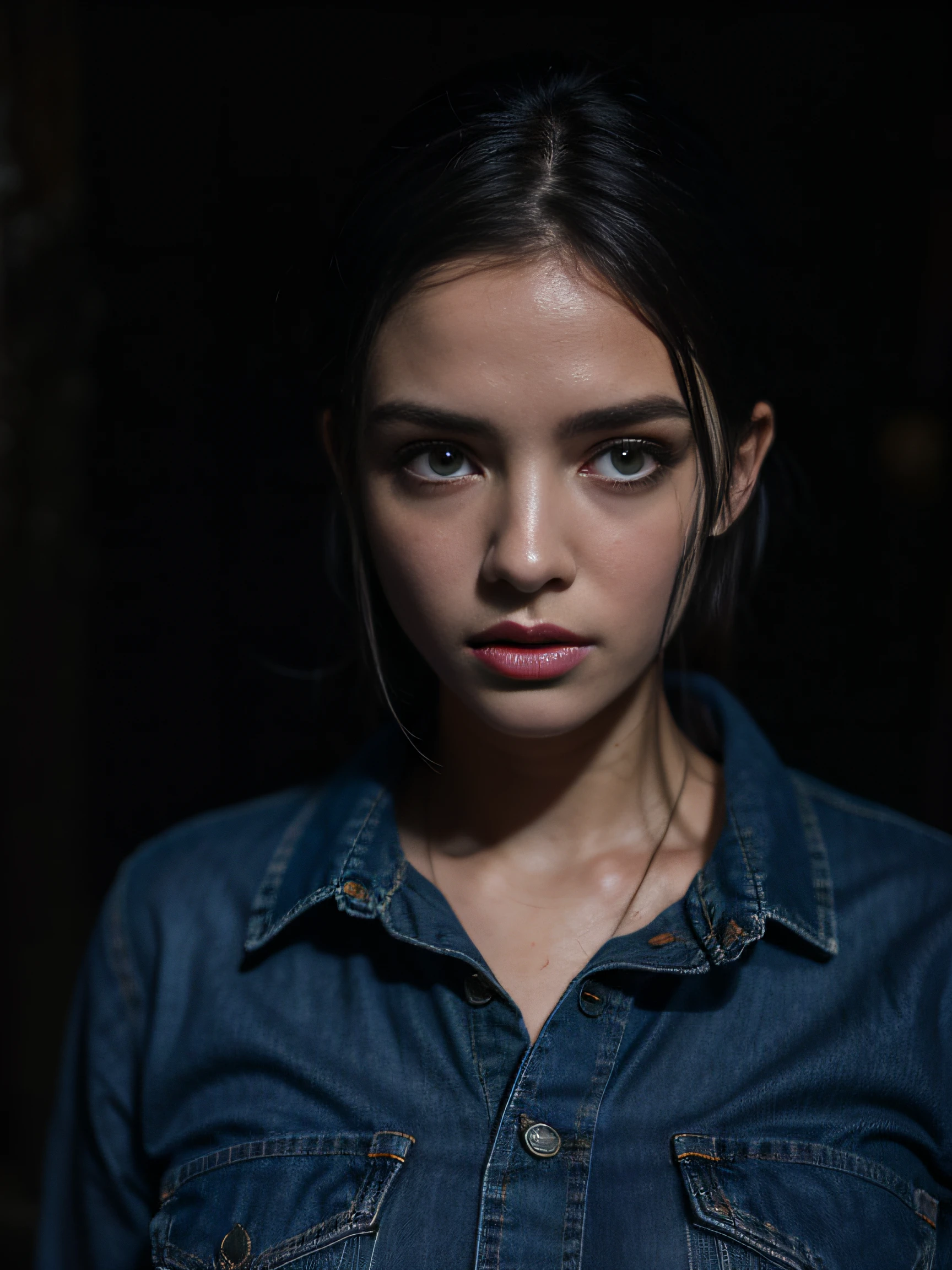 "Dark, deeply forested, night time, Black Sky, tormented by desire, european woman, Immersion in a muddy swamp, Dressed in jeans and a blouse, She is embarrassed and frightened, oil painting, Detailed face and expression, Intrusive atmosphere, Vivid colors, soft-lighting"