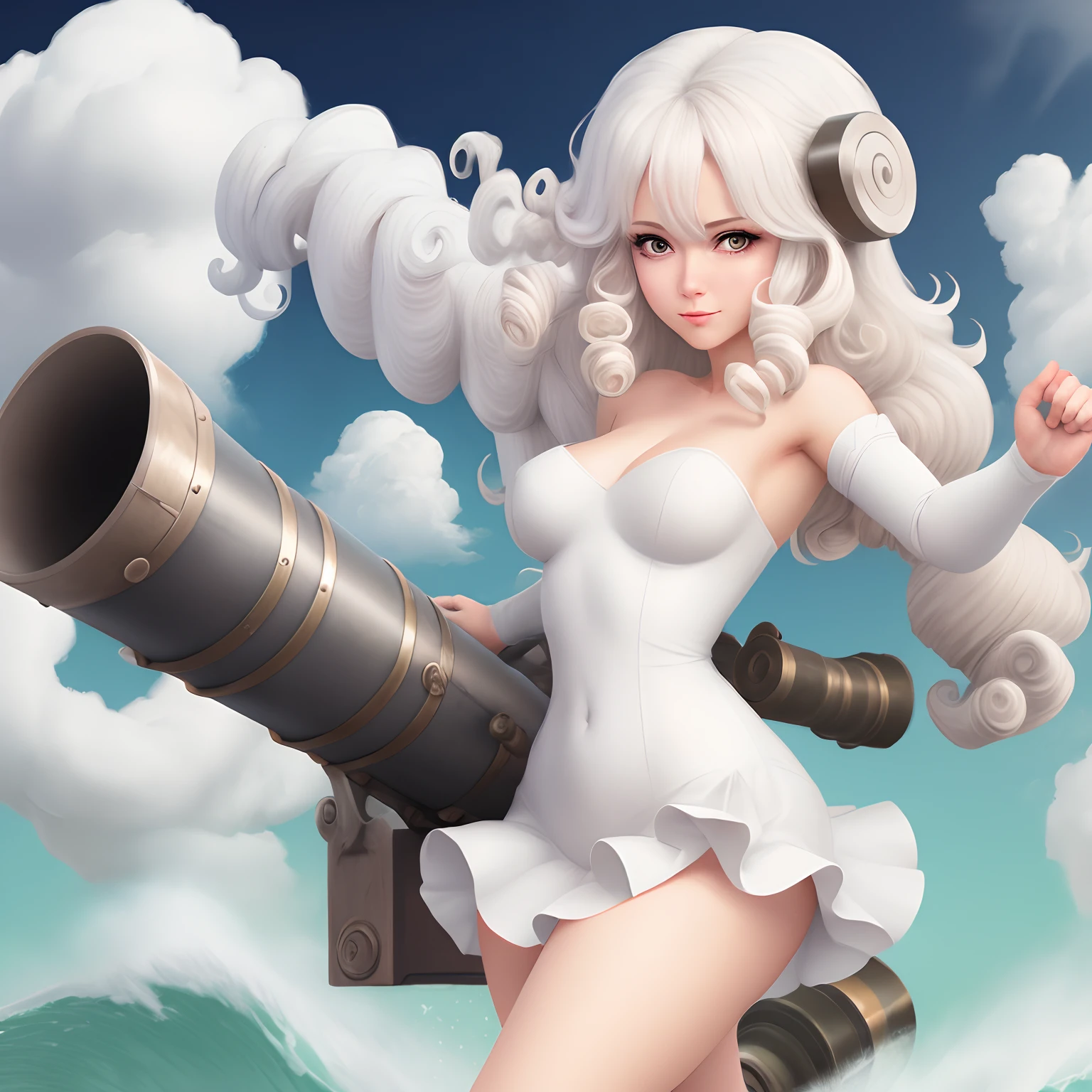 white curly woman character with a cannon 2d