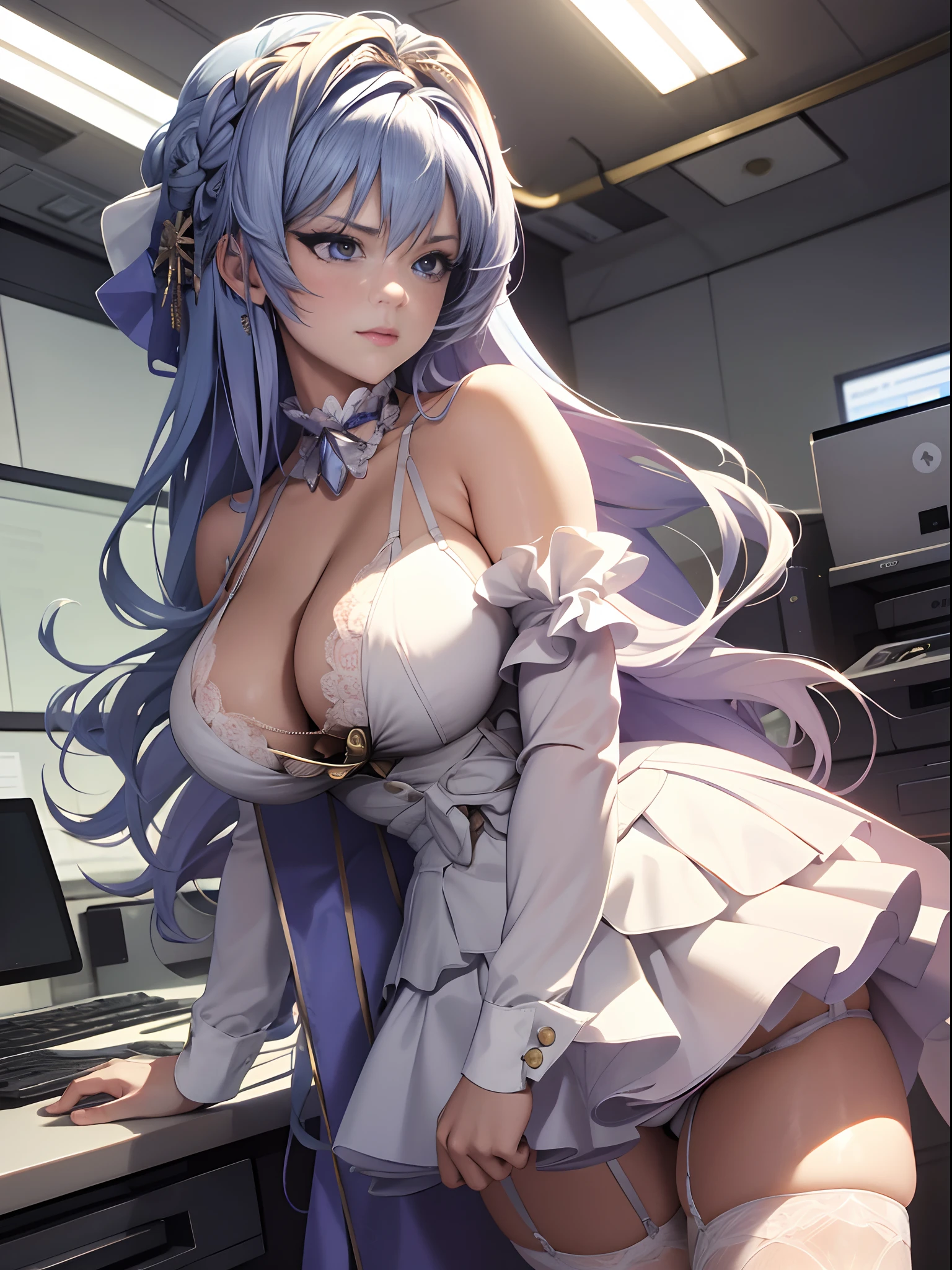 NSFW, 1girll, RAW photo , Best quality , Masterpiece , Photorealistic , Realistic details , Realistic proportions , A detailed face , face round , Whole body , full bodyesbian , Japanese female office worker , A MILF , attractive mature lady , 25 age old, Seductive smile , Curvy , secretary , Very short miniskirt:1.4 , Skirt lift 1.8 , Panty shots:1.2 , a garter belt ,Pantyhose , Spread legs, Transparent blouse:1.5 ,Bra compartment shirt:1.5 ,glistning skin , ,Stand in the warehouse , Dynamic lighting，