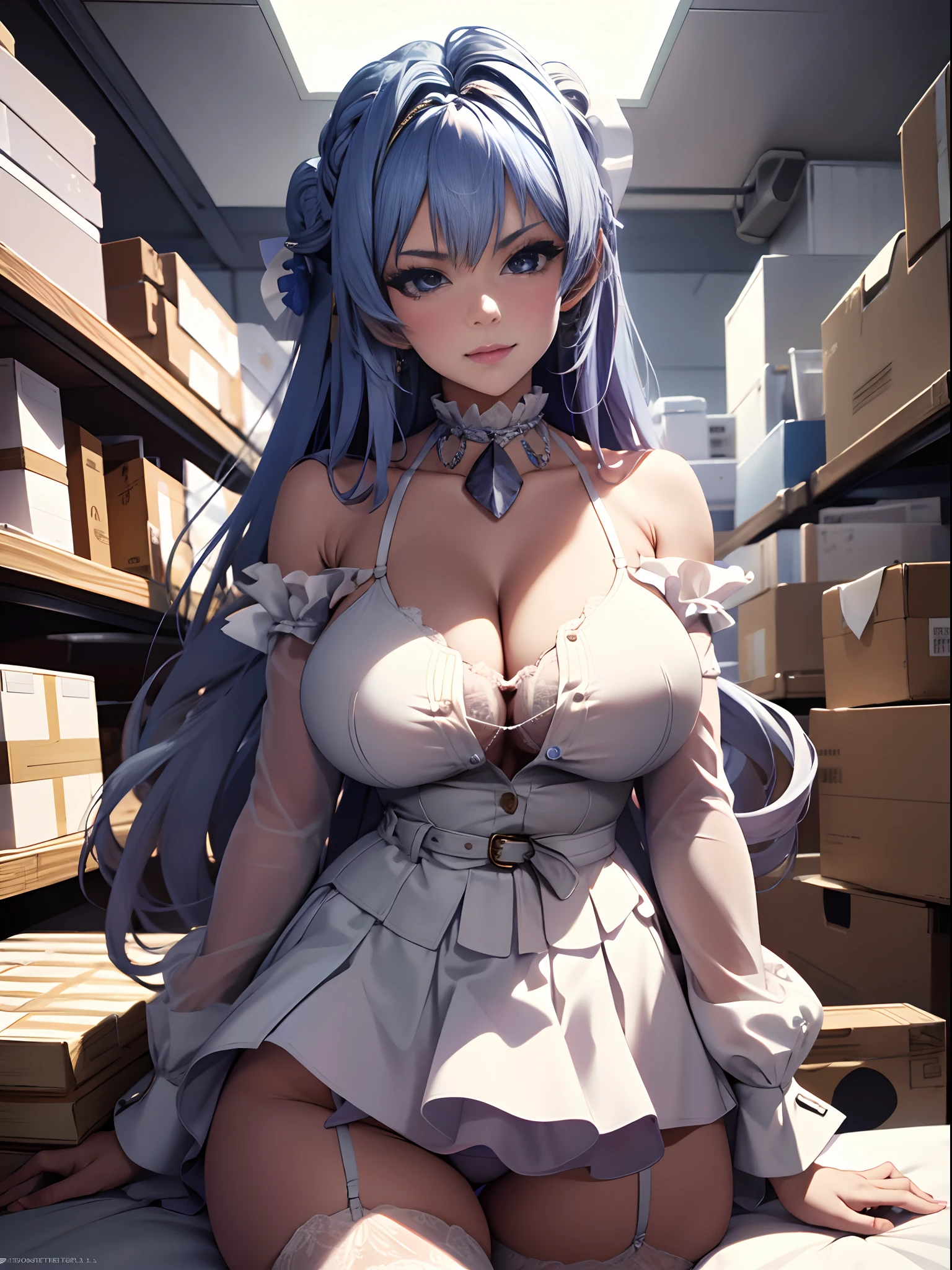 NSFW, 1girll, RAW photo , Best quality , Masterpiece , Photorealistic , Realistic details , Realistic proportions , A detailed face , face round , Whole body , full bodyesbian , Japanese female office worker , A MILF , attractive mature lady , 25 age old, Seductive smile , Curvy , secretary , Very short miniskirt:1.4 , Skirt lift 1.8 , Panty shots:1.2 , a garter belt ,Pantyhose , Spread legs, Transparent blouse:1.5 ,Bra compartment shirt:1.5 ,glistning skin , ,Stand in the warehouse , Dynamic lighting，