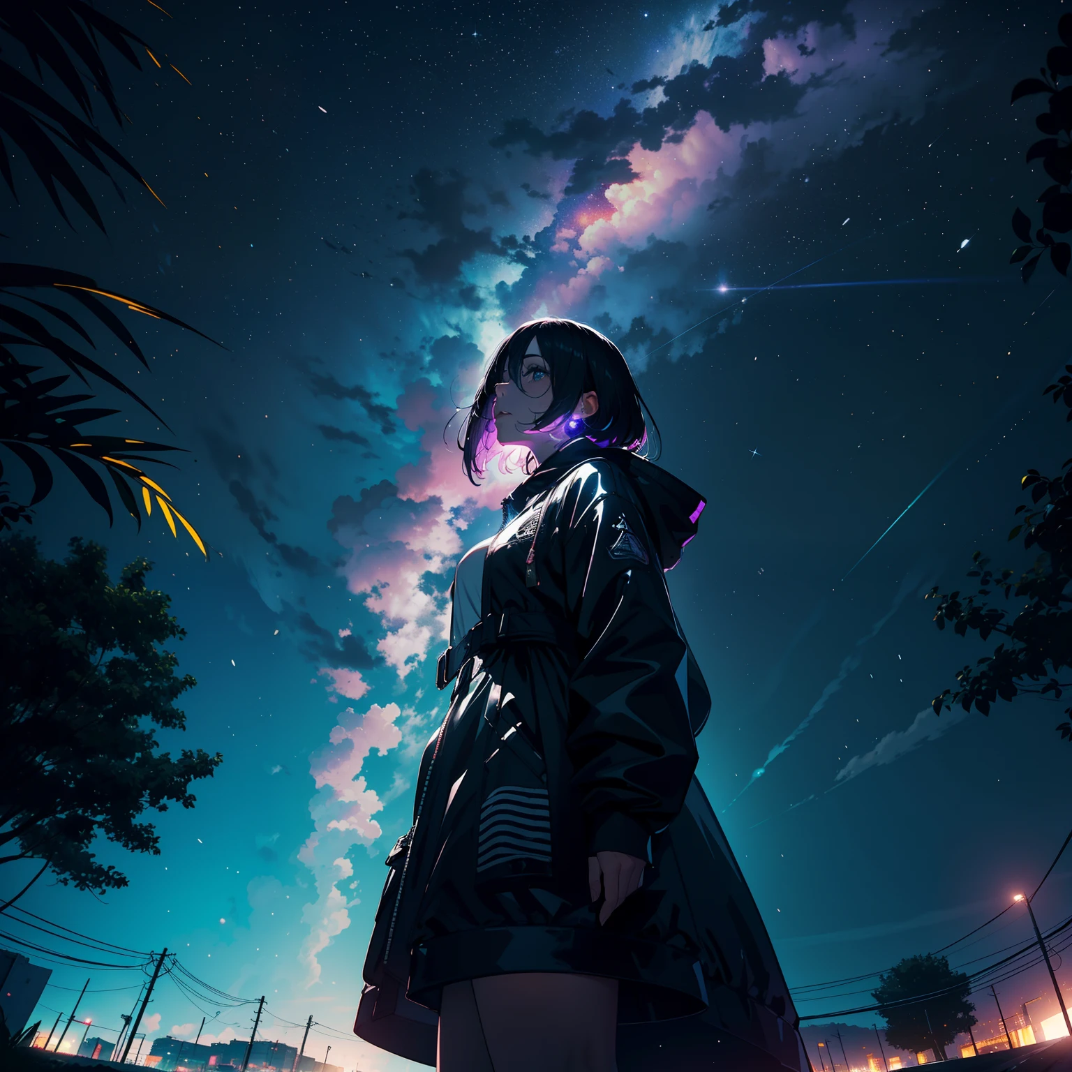 fotografia de paisagem expansiva, (View from below with a view of the sky and street below), Cyberpunk girl standing in a field of flowers looking up, (pegue a chave: 1.2), (estrela cadente: 0.9), (nebulosa: 1.3), cidade distante, tree breaking production art, (fonte de luz quente: 1.2), (neon: 1.2), bulb, roxo e laranja, detalhe intrincado, volume lighting BREAK (obra-prima: 1.2), (mais alta qualidade), 4k, ultra-detalhado, (Dynamic configuration: 1.4), Detalhes altamente detalhados e coloridos (iridescente: 1.2), (Sparkling lighting, Atmospheric Illumination), sonhador, Magia, (sozinho: 1.2), nu, Sexo, , hot