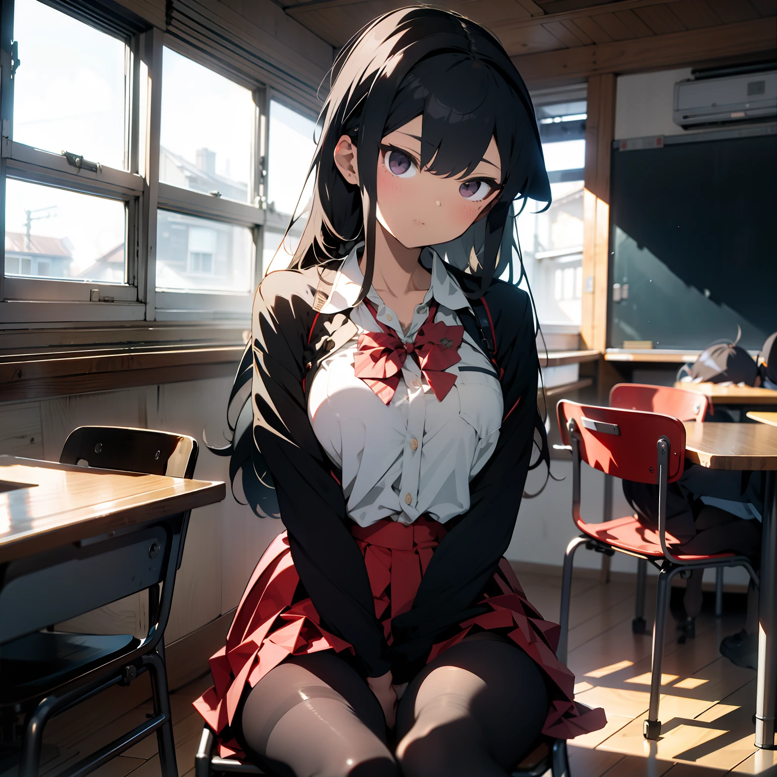 komiShouko, masterpiece, best quality, absurdres, (1girl), looking at viewer, v arms, pantyhose, classroom, school uniform, red skirt, red bow, black blazer, window, sitting, chair, crowd, unbottoned shirt, unbottoning shirt, cleveage, black panties, open legs