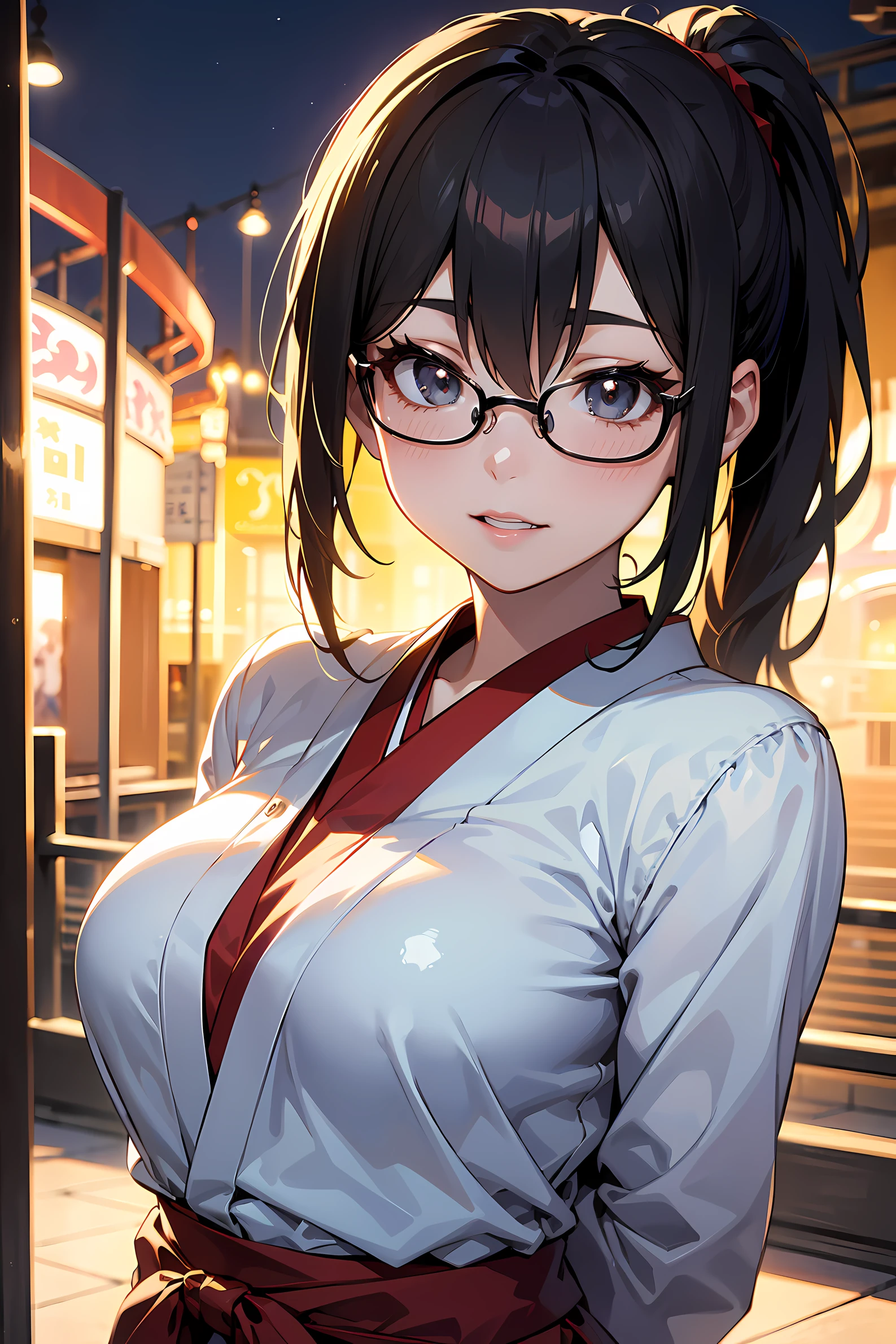 high resolution, Photo of a beautiful woman detailed_face, young handsome girl,realistic:0.5, perfect skin, (wearing a glasses:1.5), (ultra-detailed background, detailed background), bokeh, make happy expressions, happy emotion, gorgeous,pure, beautyfull detailed face and eyes,breasts, (black eyes:1.1), (a extremely pretty and beautiful Japanese woman), (sexy girl), (professional attire:1.3), (22 years old: 1.1), BREAK, (miko outfit:1.2), (Japanese clothes:1.2), (white dogi:1.2), (red hakama:1.2), (leather boots))), cleavage, beautiful detailed skin, (cute:1.2), (blonde hair), ((jpop idol)), (upper thigh:0.6), (depth of field),soft light, Lens Glow looking at viewer, (Drooping eyes:1.2), straight teeth,smile, floating hair, (blond hair:1.2), brown eyes BREAK scene, cinematic, full colors, 4k, 8k, 16k, RAW photo, masterpiece, professionally color graded, professional photography, high school girl, hair up, , soft clean focus, realistic lighting and shading, (an extremely delicate and beautiful art)1.3, elegant,active angle,dynamism pose BREAK (ponytail:1.3), (shiny-black thin hair:1.2), bangs, dark brown eyes, beautiful eyes, princess eyes, (big eyes:1.3), bangs, wearing a glasses:1.3, Hair between eyes, short hair:1.3, (slender:1.1), (medium-breasts:0.95), (thin waist: 1.15), (detailed beautiful girl: 1.4), Parted lips, Red lips, full-make-up face, (shiny skin), ((Perfect Female Body)), (upper body image:1.3), Perfect Anatomy, Perfect Proportions, (most beautiful Korean actress face:1.3, extremely cute and beautiful Japanese actress face:1.3), ,(1glasses girl:1.3, solo), ,(blush:1.1), gray background, solo focus, (bust shot:1.2), cinematic light, (nostalgic night scene:1.4), (amusement park:1.4), (merry-go-round、the Ferris wheel、rollercoaster), (arms behind back :1.4), (looking at viewer:1.2
