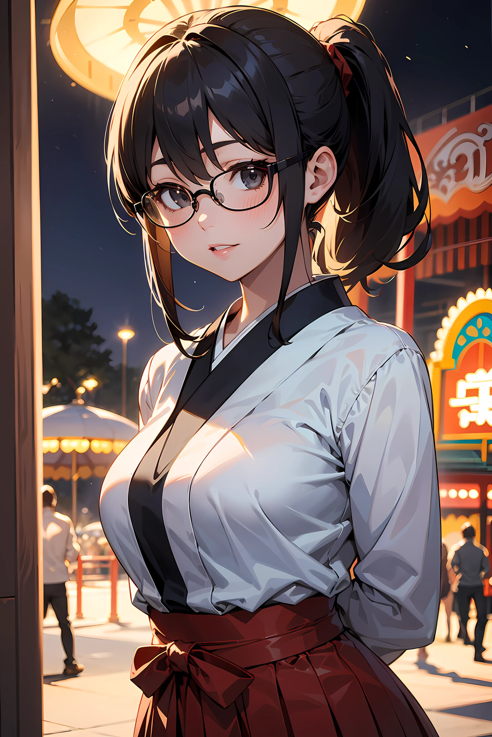 high resolution, Photo of a beautiful woman detailed_face, young handsome girl,realistic:0.5, perfect skin, (wearing a glasses:1.5), (ultra-detailed background, detailed background), bokeh, make happy expressions, happy emotion, gorgeous,pure, beautyfull detailed face and eyes,breasts, (black eyes:1.1), (a extremely pretty and beautiful Japanese woman), (sexy girl), (professional attire:1.3), (22 years old: 1.1), BREAK, (miko outfit:1.2), (Japanese clothes:1.2), (white dogi:1.2), (red hakama:1.2), (leather boots))), cleavage, beautiful detailed skin, (cute:1.2), (blonde hair), ((jpop idol)), (upper thigh:0.6), (depth of field),soft light, Lens Glow looking at viewer, (Drooping eyes:1.2), straight teeth,smile, floating hair, (blond hair:1.2), brown eyes BREAK scene, cinematic, full colors, 4k, 8k, 16k, RAW photo, masterpiece, professionally color graded, professional photography, high school girl, hair up, , soft clean focus, realistic lighting and shading, (an extremely delicate and beautiful art)1.3, elegant,active angle,dynamism pose BREAK (ponytail:1.3), (shiny-black thin hair:1.2), bangs, dark brown eyes, beautiful eyes, princess eyes, (big eyes:1.3), bangs, wearing a glasses:1.3, Hair between eyes, short hair:1.3, (slender:1.1), (medium-breasts:0.95), (thin waist: 1.15), (detailed beautiful girl: 1.4), Parted lips, Red lips, full-make-up face, (shiny skin), ((Perfect Female Body)), (upper body image:1.3), Perfect Anatomy, Perfect Proportions, (most beautiful Korean actress face:1.3, extremely cute and beautiful Japanese actress face:1.3), ,(1glasses girl:1.3, solo), ,(blush:1.1), gray background, solo focus, (bust shot:1.2), cinematic light, (nostalgic night scene:1.4), (amusement park:1.4), (merry-go-round、the Ferris wheel、rollercoaster), (arms behind back :1.4), (looking at viewer:1.2