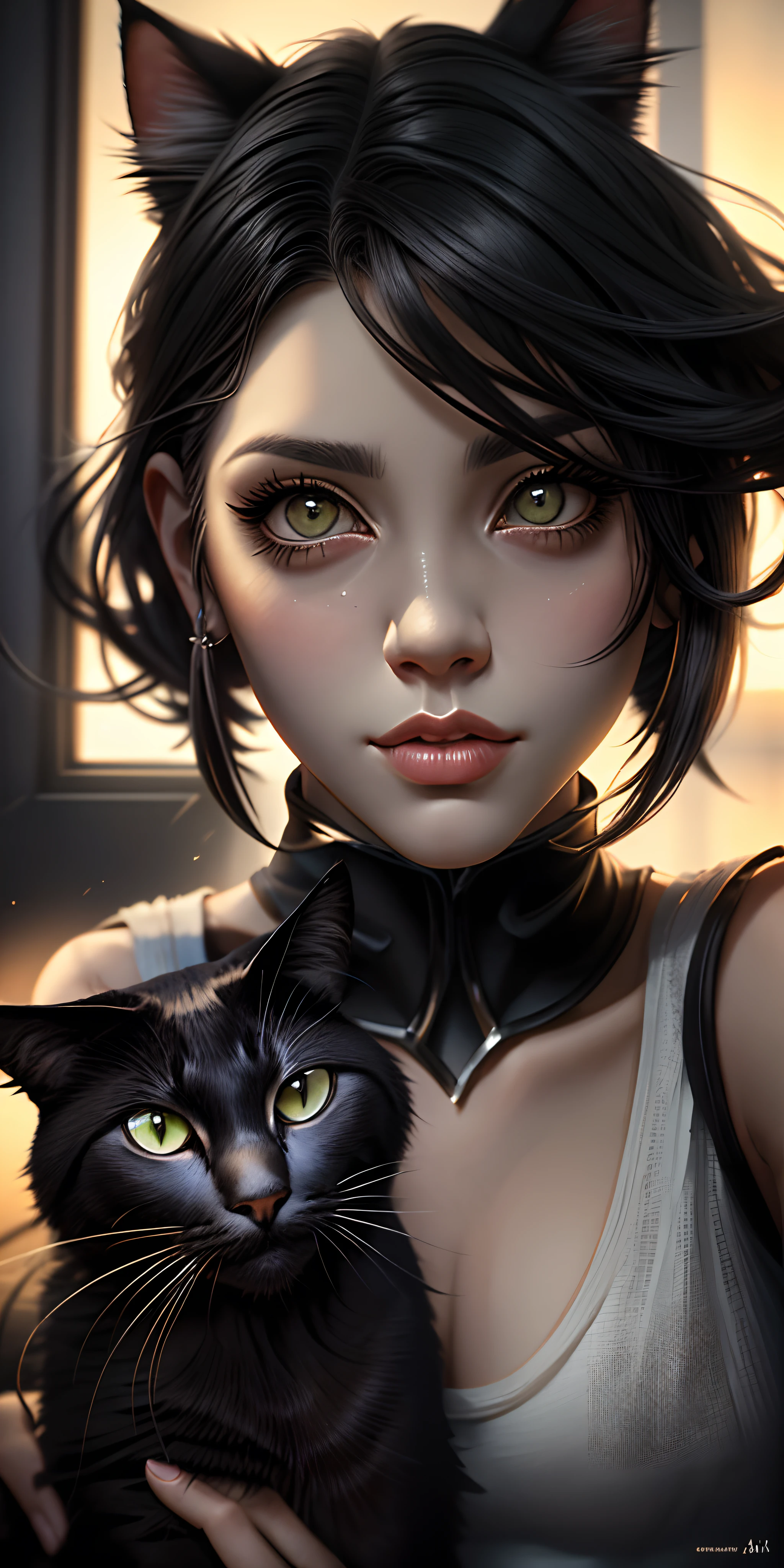 Mulher arafed com cabelo preto longo segurando um gato preto, mulher e gato, Woman / cat hybrid, cabelos pretos e olhos grandes, gatinha jovem bonita, gato atraente, gato preto, cara bonito. fantasia sombria, arte realista, retrato de alta qualidade, beautiful portrait, arte digital ultra realista, gatos pretos, mulher linda, Por Irakli Nadar