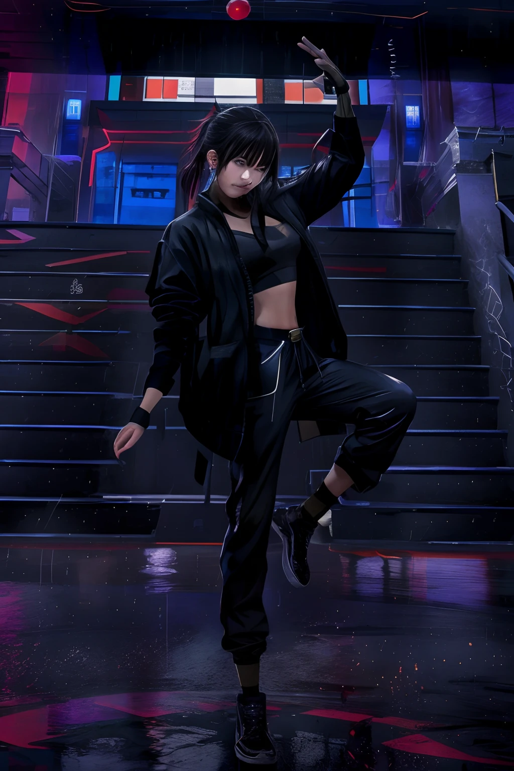 Best quality, 8K, Masterpiece,best images quality, tmasterpiece, 超高分辨率,Woman in black jacket and brown pants playing tricks, dark dance photography aesthetic, really cool pose, playful pose of a dancer, Cool pose, cool posing, hero pose colorful city lighting, mid shot portrait, actionpose, in an action pose, yung lean, Girl, long whitr hair,golden ratio body, Flexible body