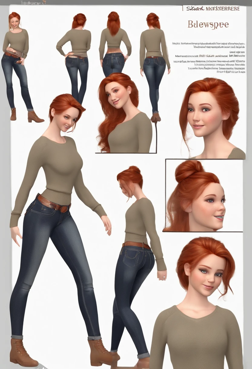 ((Best Quality)), ((Masterpiece)), ((Realistic)) 19 year old, redhead girl, armpit lenght hair, relaxed happy face ((slender)) (busty), (((jeans and pullover))) bun hairstyle, (((detailed character sheet, frontal view, side view, three quarter view))) white background, 6 and a half heads full body