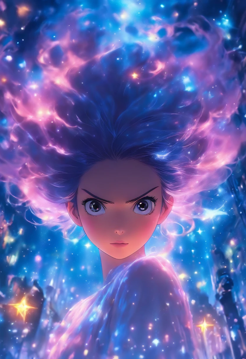 Uma  de anime com cabelos escuros, parecidos com a noite, caindo em suaves ondas ao redor de seu rosto. Seus olhos, grandes e brilhantes, Reflect the starry sky, conveying a sense of mystery and enchantment. His expression is one of pure surprise, com as sobrancelhas arqueadas e a boca ligeiramente aberta, capturando o momento em que ela se depara com algo inesperado e maravilhoso."

A cena ao redor retrata um ambiente sereno, com uma paisagem noturna repleta de estrelas cintilantes. The sky is painted in deep shades of blue and purple, proporcionando um pano de fundo perfeito para a meninaatmosphere is magical and dreamy, transportando o espectador para um mundo de fantasia.

The photo is captured with a vintage analog camera, com uma lente de foco manual, permitindo uma nitidez e detalhes impressionantes. A escolha do filme colorido destaca as nuances do cabelo da menina e a lidade dos olhos estrelados. Techniques such as the use of long exposure are employed to create an ethereal effect, giving a touch of magic to the image.

This would be a unique collaborative work, trazendo um grupo

diversificado de criativos. Diretores renomados como Hayao

Miyazaki, Makoto Shinkai and Mamoru Hosoda would unite their visions

Only, along with the talent of photographer Annie Leibovitz

and Tim Walker. The contribution of Alexander designers

McQueen and Rei Kawakubo would bring an avant-garde aesthetic and

surreal for the character.