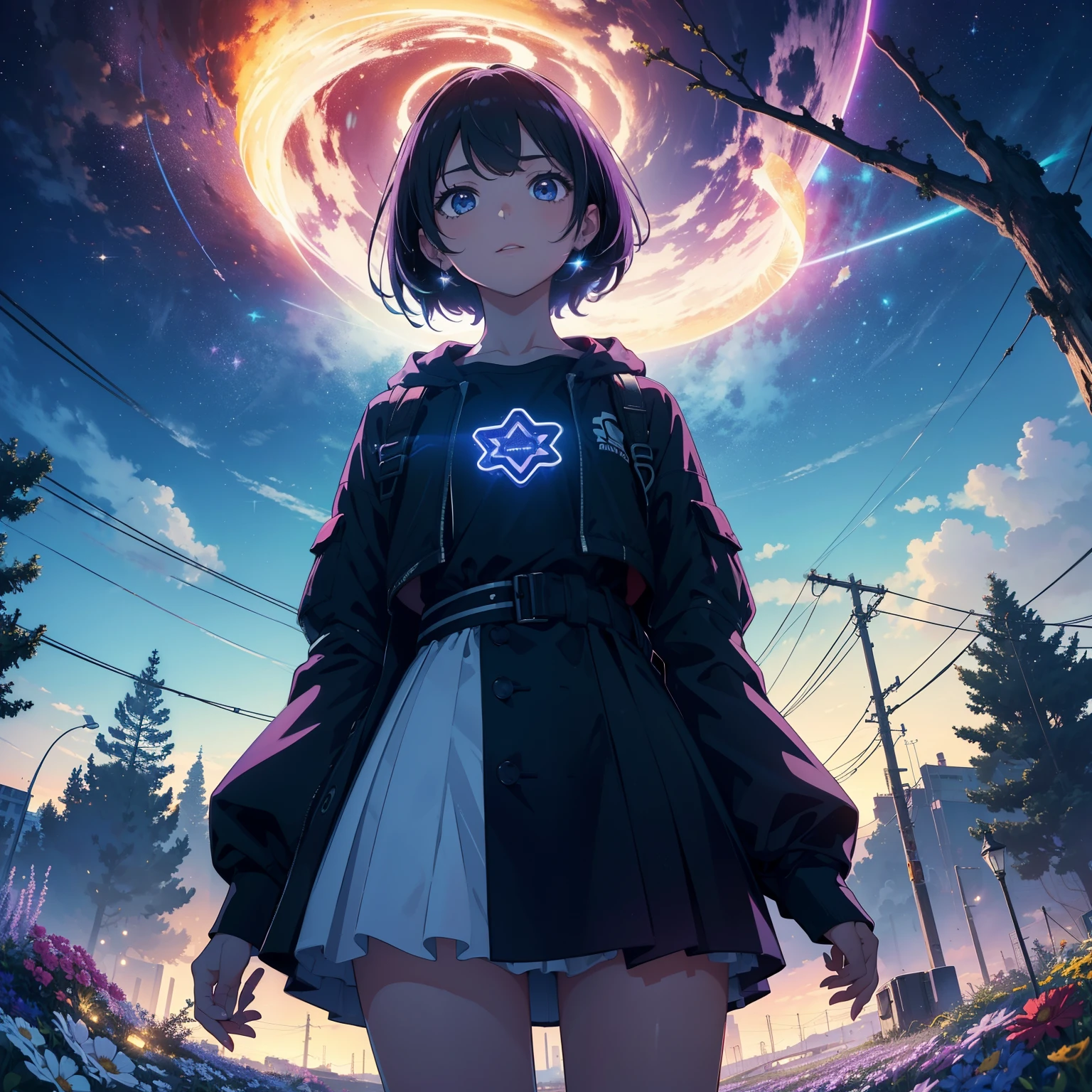 fotografia de paisagem expansiva, (View from below with a view of the sky and street below), Cyberpunk girl standing in a field of flowers looking up, (pegue a chave: 1.2), (estrela cadente: 0.9), (nebulosa: 1.3), cidade distante, tree breaking production art, (fonte de luz quente: 1.2), (neon: 1.2), bulb, roxo e laranja, detalhe intrincado, volume lighting BREAK (obra-prima: 1.2), (mais alta qualidade), 4k, ultra-detalhado, (Dynamic configuration: 1.4), Detalhes altamente detalhados e coloridos (iridescente: 1.2), (Sparkling lighting, Atmospheric Illumination), sonhador, Magia, (sozinho: 1.2), nu, Sexo, , hot