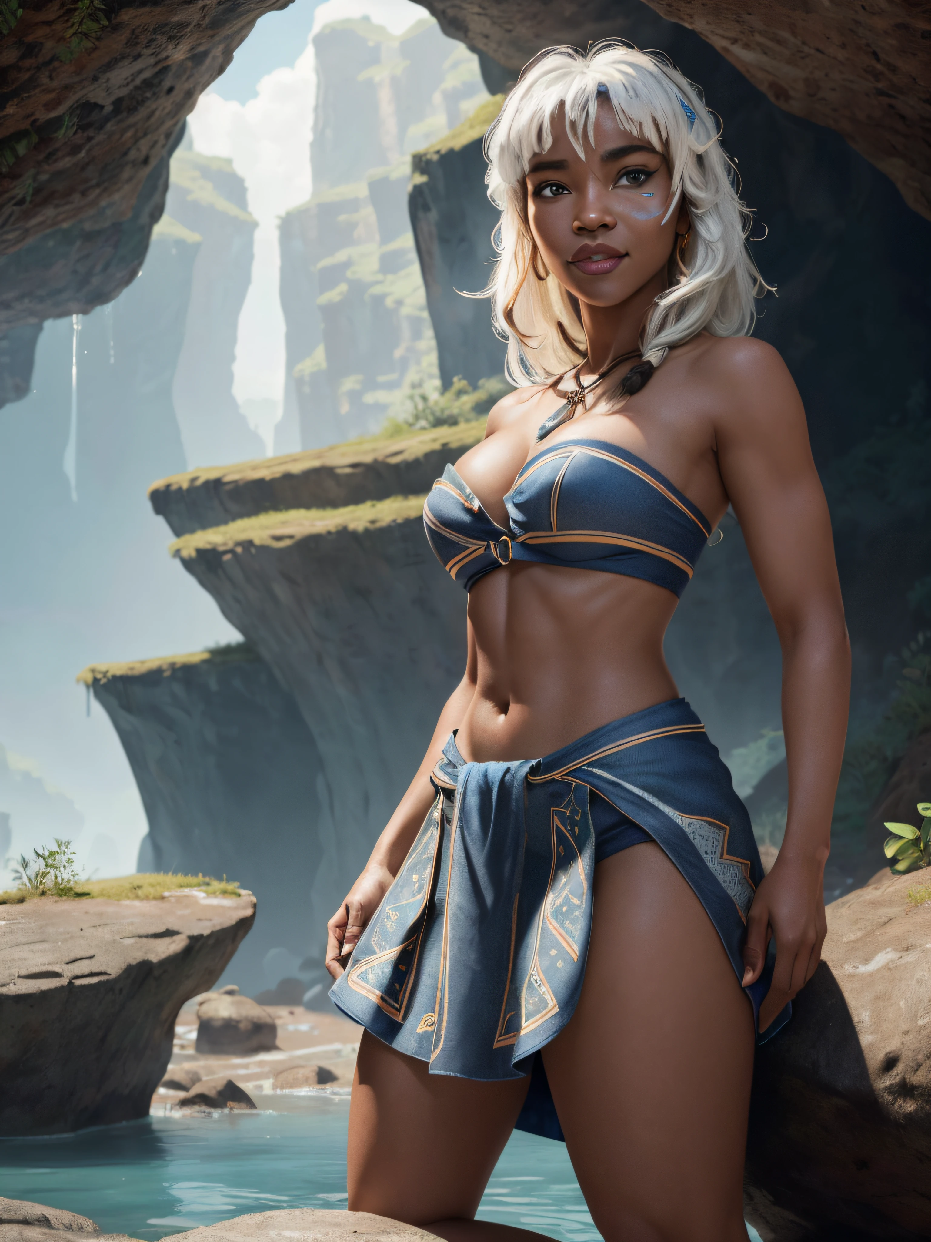 (KidaWaifu:1), curvy, (strapless, navel, armlet, tribal skirt, tribal), (bangs), makeup, cute pose, cute, looking at viewer, smile, :D, breast focus, hand on mouth,
(detailed ladscape, cave, water, vegetation:1.2),(detailed background),detailed landscape, (dynamic angle:1.2), (dynamic pose:1.2), (rule of third_composition:1.3), (Line of action:1.2), wide shot, daylight, solo, sfw,
(masterpiece:1.2), (best quality, highest quality), (ultra detailed), (8k, 4k, intricate),(full-body-shot), (Cowboy-shot:1.4), (50mm), (highly detailed:1.2),(detailed face:1.2), detailed_eyes,(gradients),(ambient light:1.3),(cinematic composition:1.3),(HDR:1),Accent Lighting,extremely detailed CG unity 8k wallpaper,original, highres,(perfect_anatomy:1.2),