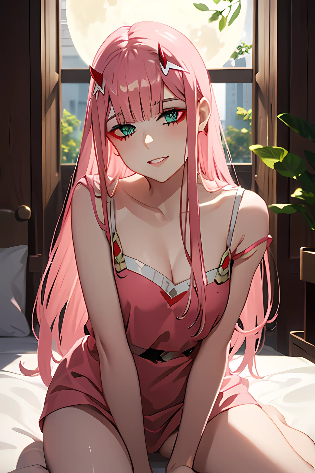 Real, 1girl, hair over one eye, parted lips, blush, makeup, light smile, pajamas, glow, thighs, red eyes, collarbone, narrow waist, bedroom, window, moon, side, (masterpiece), television, wallpaper, moonlight, underwear,, bed, zero two, small horns ,green eyes