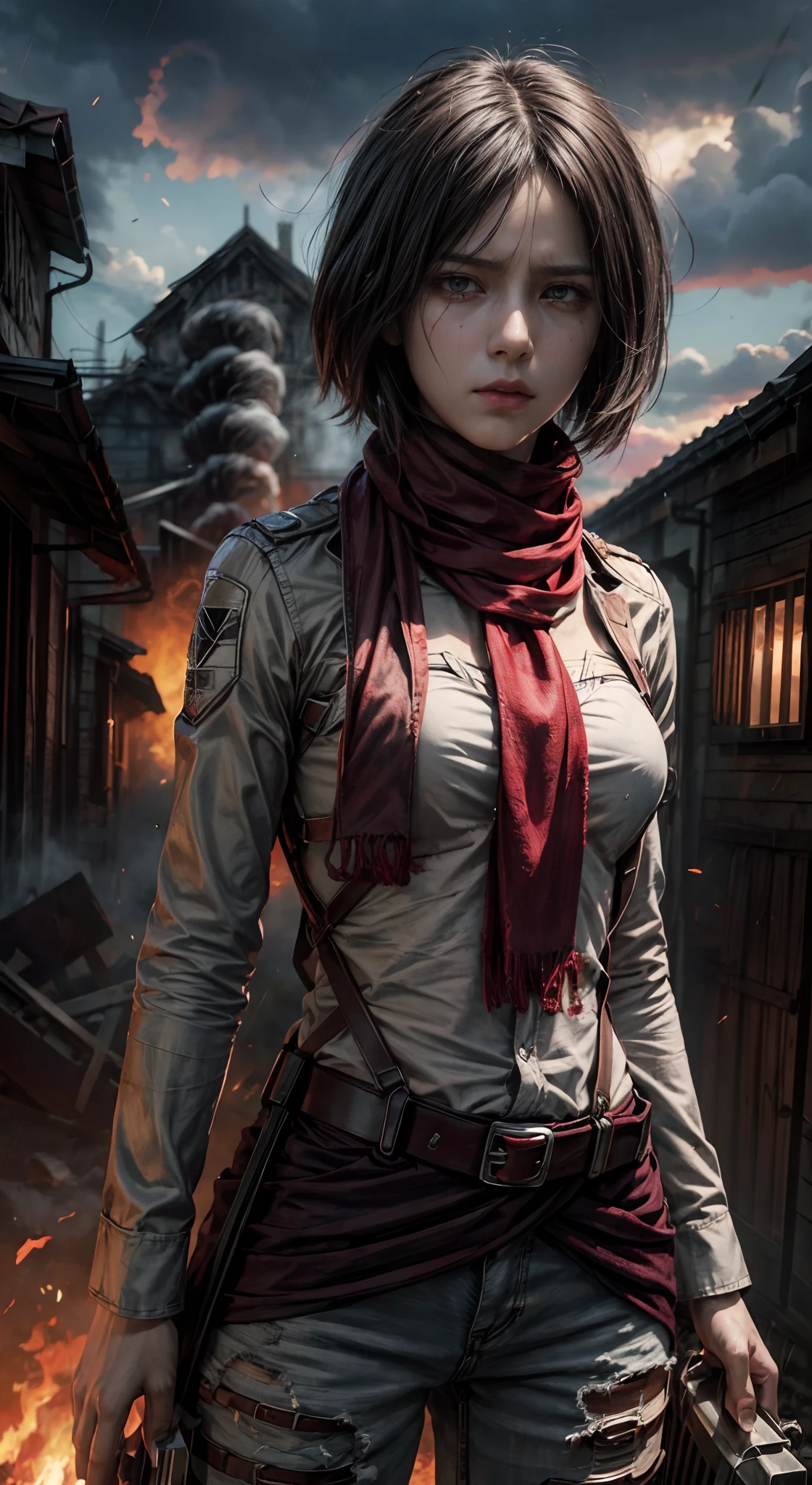 (masterpiece), (hyper realistic), Attack on Titan, Mikasa Ackerman, maroon scarf around the neck, sad pose, Crying, tears, dinamic lighting, fire, traces of blood on clothes and face, burning houses in the background, smoke, Rain