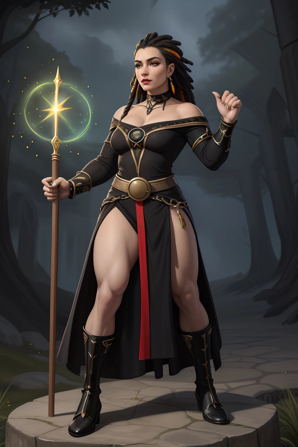 (obra-prima: 1.2, melhor qualidade), (imagem real, detalhes intrincados), (1lady, solo, parte superior do corpo, grandes peitinhos) Roupas: ousadas, vanguardistas, Experimental Appearance: shaved head or bold hair color, Dramatic makeup, Unconventional Fashion Choices Behavior: rebelde, inconformista, provocateur Location: distrito de arte urbana, cena musical underground Hobbies: assistir a shows punk, Create mixed media art, experimentar diferentes subculturas Valores: individualidade, autenticidade, creative expression Inspirations: punk rock, counterculture icons, avant-garde artistic movements Personality traits: ousado, ousado, unconventional. Uma mulher Moreno, de cabelo afro cabelo caindo para frente, Rasta type but braided,tiro de corpo inteiro, Olhos firmes, olhando para frente estilo modelshoot, 8K extremamente detalhado), foto de corpo inteiro da mais bela obra de arte do mundo, bruxa rosa medieval inglesa (druida dragonborn), black silk tunic, magia da natureza, Era medieval, pintura de verde-azulado e dourado, Petals, campo, action pose, casting a spell, magia rodopiante verde tiro de corpo inteiro, Olhos firmes, olhando para frente, Lightning in the sky, arms extended, olhando para frente, parado no topo de uma montanha, manto e capa vermelhos, cruz brilhante no ar Olhos firmes, olhando para frente, Lightning in the sky, arms extended, olhando para frente, parado no topo de uma montanha, manto e capa vermelhos, Shining cross in the airA realistic 4K phoenix with orange feathers, with a serious expression and looking forward, corpo inteiro. Rasta type but braided,tiro de corpo inteiro, Olhos firmes, olhando para frente, Lightning in the sky,