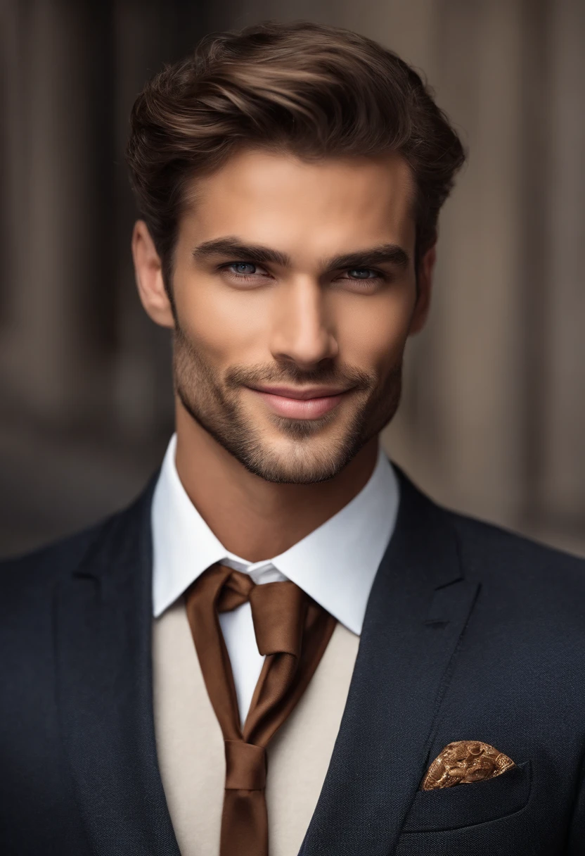 Best Quality,Ultra-detailed,Realistic:1.37,Handsome man,Handsome face,Detailed eyes,Strong Jawline,Unshaven,Charming smile,Classy suit,stylish hair,clean-shaven,Confident posture,gentleman,a captivating gaze,Well groomed,Professional,Model-like appearance,Vivid colors,Studio Lighting,Warm tones,Medium:Portrait