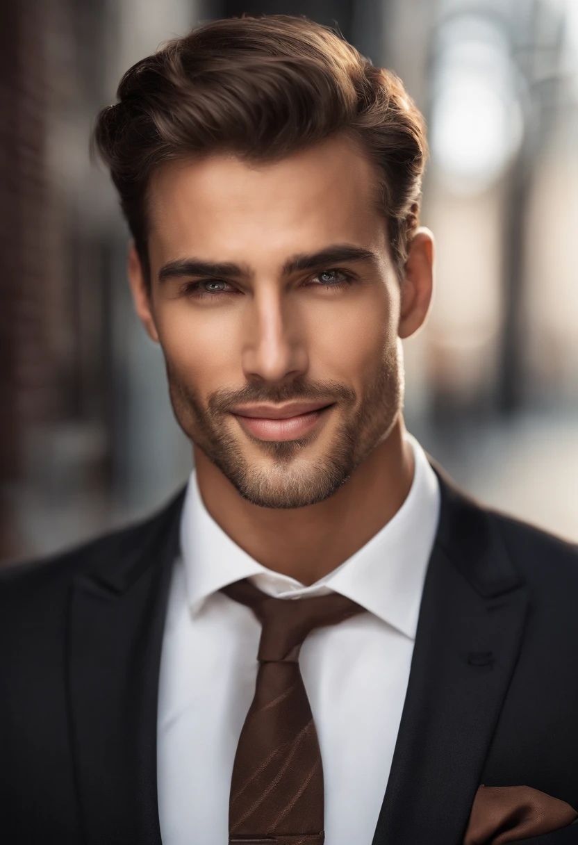 Best Quality,Ultra-detailed,Realistic:1.37,Handsome man,Handsome face,Detailed eyes,Strong Jawline,Unshaven,Charming smile,Classy suit,stylish hair,clean-shaven,Confident posture,gentleman,a captivating gaze,Well groomed,Professional,Model-like appearance,Vivid colors,Studio Lighting,Warm tones,Medium:Portrait