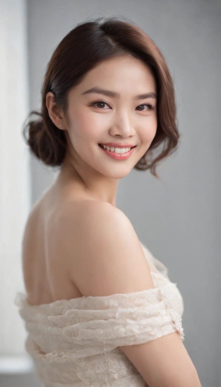 Asian female, Soft light, Clear face, cheerfulness, cheerful big breasts, Smiling, Warm light, ((Off-white gradient background)), (Background)). ((Gray wall background)) , (long or short hair), Smile, Handsome, Middle-aged woman,, Short hair, Smile,Skirt that wraps hips