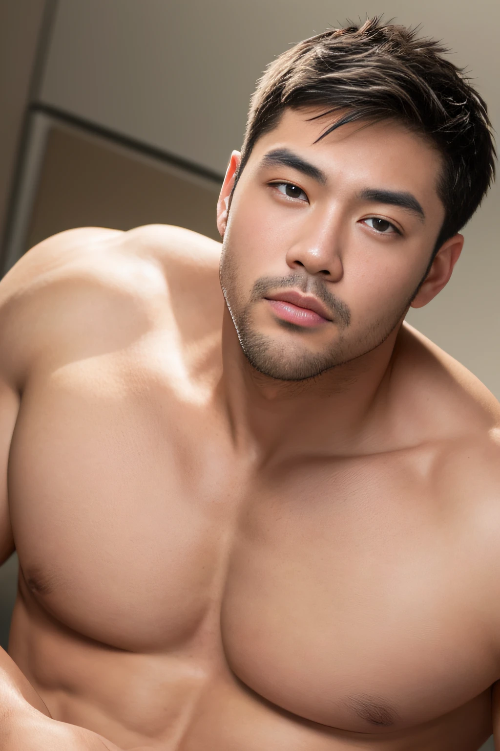 top-quality、masterpiece、超A high resolution、(realisitic:1.4)、详细的脸、独奏、1human male、The upper part of the body、Dark hair、glistning skin、dense skin、(asian human)、architectural、(absurderes、hight resolution、ultra-detailliert)、、1 male、Adults、(20-year-old man)、a handsome、tall muscular man、broad shoulder、extra very short hair、angular jaws、thick neck、thick eyebrow、extra very short hair、A dark-haired、fine eyes and detailed face、 Highly detailed CG Unity 8K wallpapers、intricate-detail、(Style Swirl Magic:0.7)、looking at the spectator、独奏、(full body Esbian:0.6)、细致背景、A detailed face、dynamicposes、、Urban background、dynamic compositions、 big muscle、、((Crotch bulge))、a handsome、 ((masutepiece:1.4, Best Quality)), ((masutepiece, Best Quality)), (photographrealistic:1.4)、sprawl、From above、irate、a bed、Rough breath、Sexual facial expressions、Lying down、male people、japanese male、On the screen of the smartphone camera app frame、((((Asian Men))))