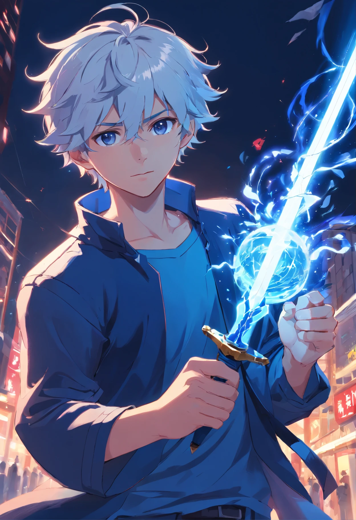 A young man with white curly hair with blue tips in a dark blue outfit with white details in his left hand holding a red lightning ball and in his right hand a sword of blue roses