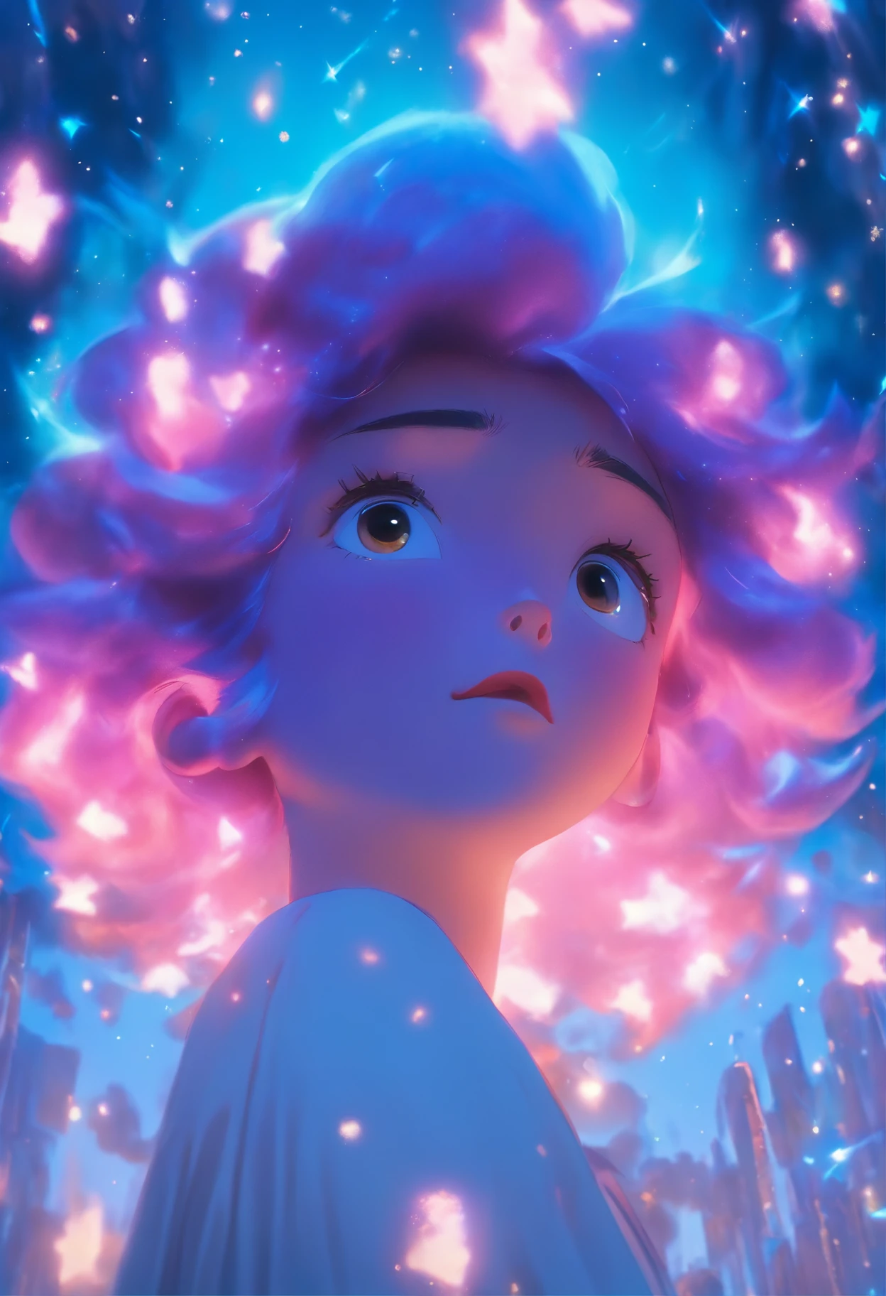 Uma menina de anime com cabelos escuros, parecidos com a noite, caindo em suaves ondas ao redor de seu rosto. Seus olhos, grandes e brilhantes, reflect the starry sky, conveying a sense of mystery and enchantment. His expression is one of pure surprise, com as sobrancelhas arqueadas e a boca ligeiramente aberta, capturando o momento em que ela se depara com algo inesperado e maravilhoso."
A cena ao redor retrata um ambiente sereno, com uma paisagem noturna repleta de estrelas cintilantes. The sky is painted in deep shades of blue and purple, proporcionando um pano de fundo perfeito para a menina. The atmosphere is magical and dreamy, transportando o espectador para um mundo de fantasia.
The photo is captured with a vintage analog camera, com uma lente de foco manual, permitindo uma nitidez e detalhes impressionantes. The choice of color film highlights the nuances of the girl's hair and the luminosity of the starry eyes. Techniques such as the use of long exposure are employed to create an ethereal effect, giving a touch of magic to the image.
This would be a unique collaborative work, trazendo um grupo
diversificado de criativos. Diretores renomados como Hayao
Miyazaki, Makoto Shinkai and Mamoru Hosoda would unite their visions
Only, along with the talents of photographers Annie Leibovitz
and Tim Walker. The contribution of fashion designers Alexander
McQueen and Rei Kawakubo would bring an avant-garde aesthetic and
surreal to the character.