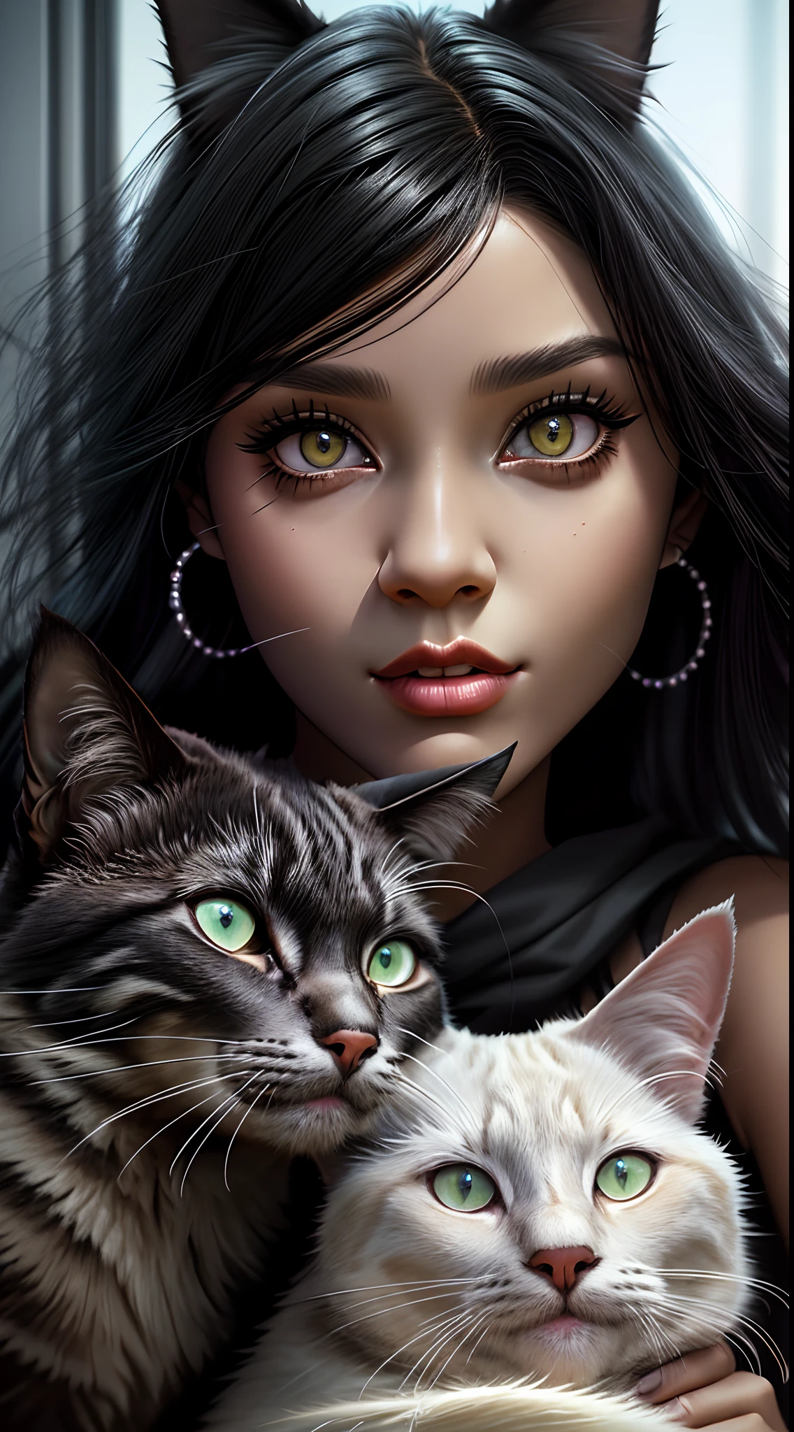 Mulher arafed com cabelo preto longo segurando um gato preto, mulher e gato, Woman / cat hybrid, cabelos pretos e olhos grandes, gatinha jovem bonita, menina gato atraente, gato preto, cara bonito. fantasia sombria, arte realista, retrato de alta qualidade, beautiful portrait, arte digital ultra realista, gatos pretos, mulher linda, Por Irakli Nadar
