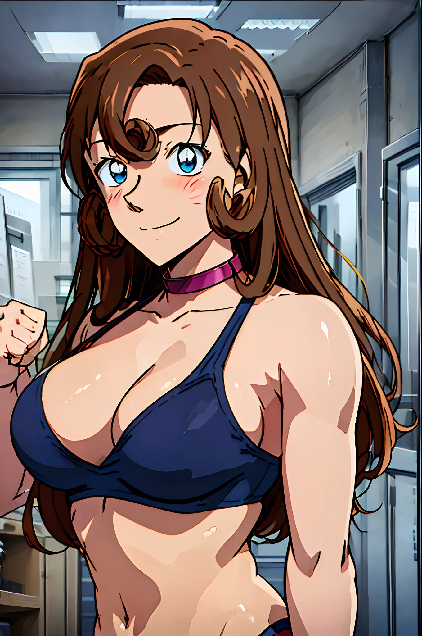 front view, cowboy shot, ultra detailed face, best quality, anime style, hires, highest definition, digital blending, bold drawing lines, ((weak body, female wrestler), (slender body), mature woman, milf, (wrestling gear, collar band), victorious, gorgeous, winner, not blushing, confident face, smile, (closed mouth), (pale skin, shiny skin, lighting and shadow), (cleavage), (clean face), (warming up), closed fists, (brown, curly hair, long hair, curly bangs), 37 years old,