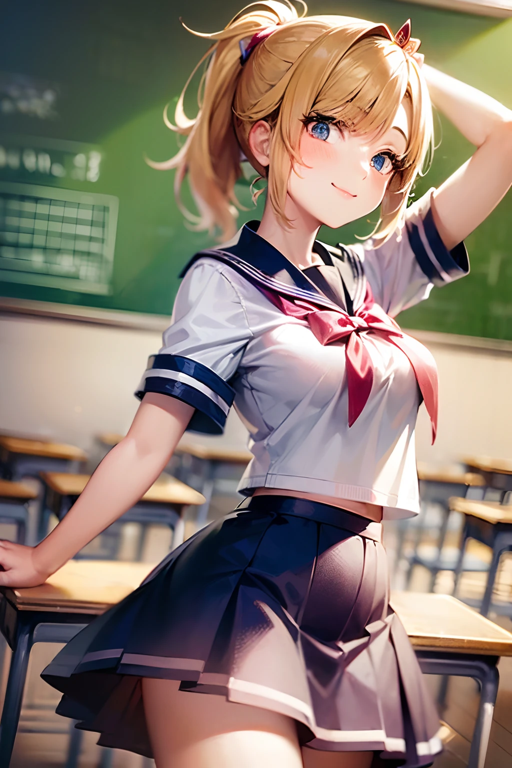 ((high-school uniform:1.5)), ((Kyoto Animation Style)), super precision, ​masterpiece, very extremely beautiful, Princess Face,  shorth hair, Straight hair, a blond, ((Short ponytail:1.5)), ((Straight bangs:1.5)), ((hime-cut:1.5)), big eye, Blue eyes, Medium chest, a sailor suit, BREAK, Bright Blue Pleated Skirt, cowboy  shot, dynamicposes, ‎Classroom, A smile, Ribbon is orange,