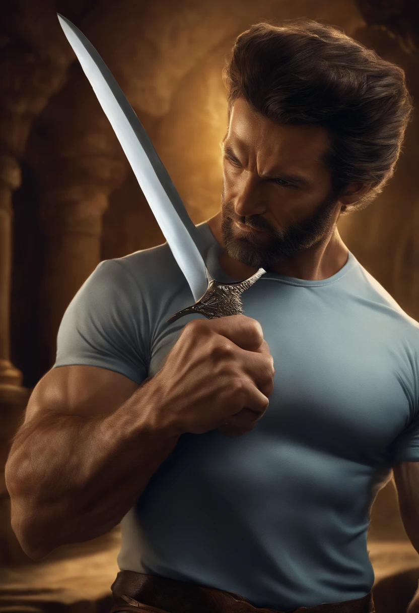 a close up of a person holding a knife, by Ignacio Zuloaga, furry art, wolverine action pose, banner, william dafoe, !!highly detailed!!, award winning on deviantart, logan, poseidon, 64x64
