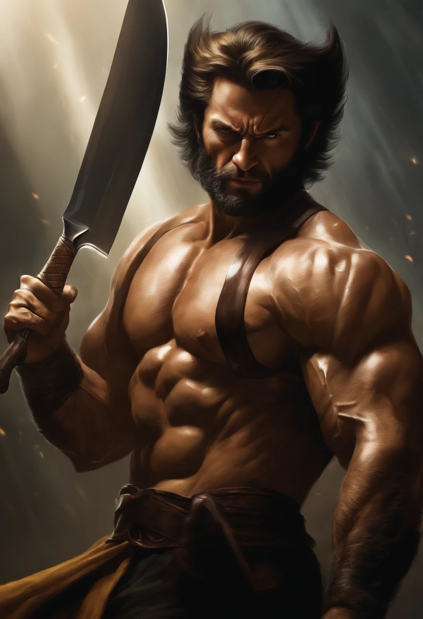 a close up of a person holding a knife, by Ignacio Zuloaga, furry art, wolverine action pose, banner, william dafoe, !!highly detailed!!, award winning on deviantart, logan, poseidon, 64x64