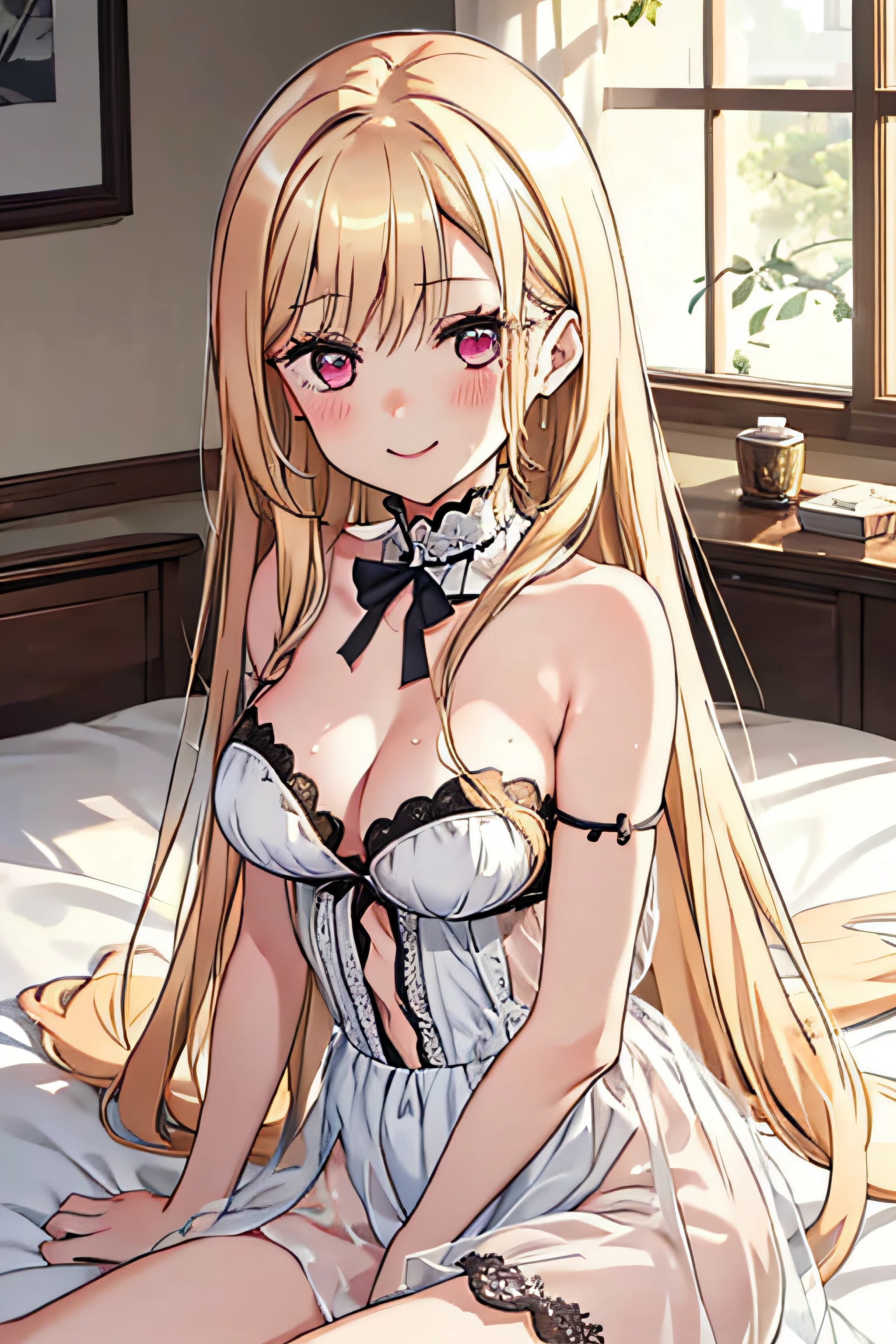 1.5, best quality, high quality, High definition, High quality texture, High quality shadow, high detail, beautiful detailed, finely detailed, extremely detailed cg, detailed texture, 1girl, female, woman, medium sized breasts, marin kitagawa, blonde hair, long hair, laying in bed, no clothes on, happy, reaching out to camera, smiling
