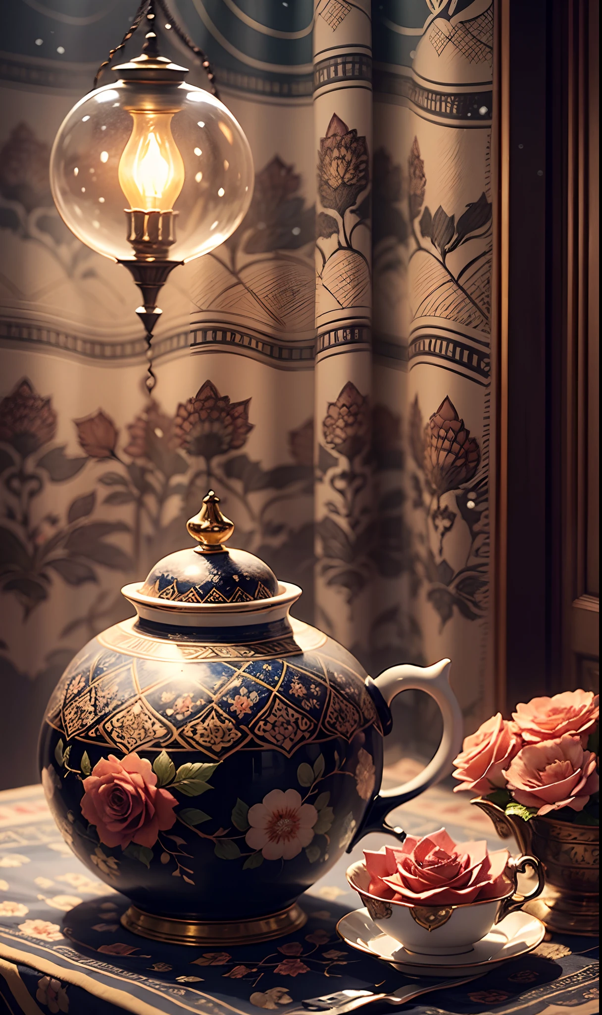A teacup on tablecloth, View of Islamic buildings covered with islamic lusterware decoration, night, snowfall, roses flowers and small lamp besides teacup, arabian curtain on side --auto --s2