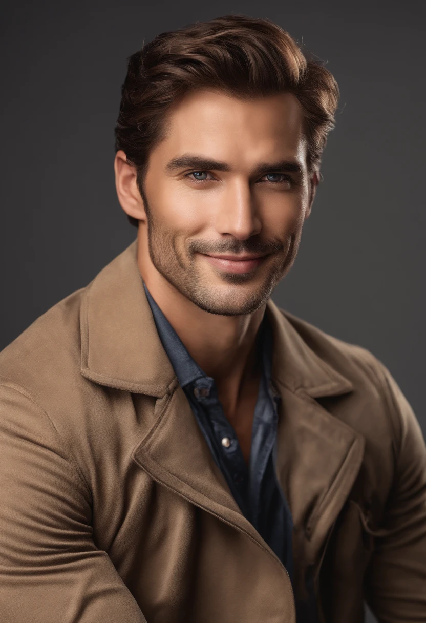 Best Quality,Ultra-detailed,Realistic:1.37,Handsome man,Handsome face,Detailed eyes,Strong Jawline,Unshaven,Charming smile,stylish hair,clean-shaven,Confident posture,gentleman,a captivating gaze,well maintained,Professional,Model-like appearance,Vivid colors,Studio Lighting,Warm tones,Medium:Portrait、white shirt、Blue jacket、40 years old man