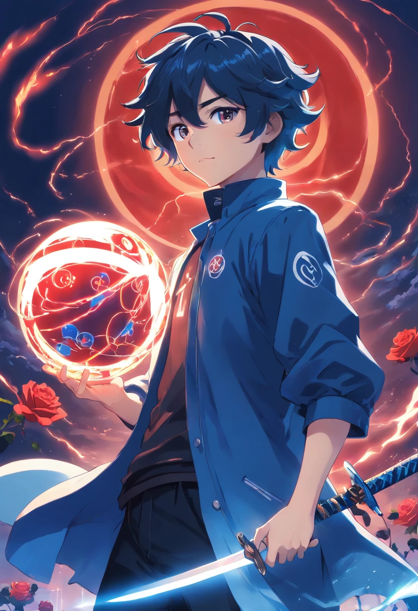 A young teenager with white and black curly hair with blue tips in a dark blue outfit with white details in his left hand holding a red lightning ball and in his right hand a sword of blue roses