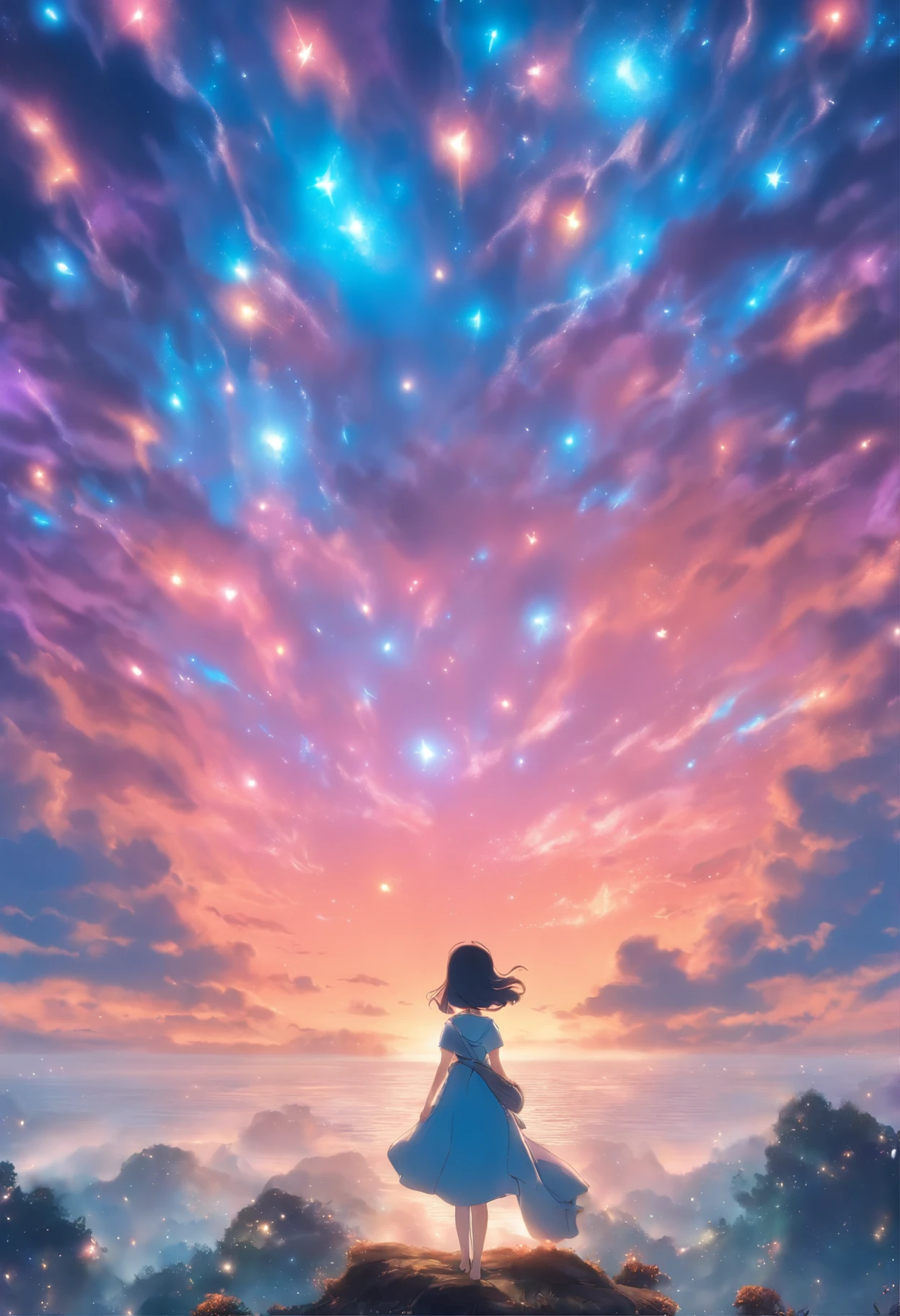 Uma menina de anime com cabelos escuros, parecidos com a noite, caindo em suaves ondas ao redor de seu rosto. Seus olhos, grandes e brilhantes, Reflect the starry sky, conveying a sense of mystery and enchantment. His expression is one of pure surprise, com as sobrancelhas arqueadas e a boca ligeiramente aberta, capturando o momento em que ela se depara com algo inesperado e maravilhoso."

A cena ao redor retrata um ambiente sereno, com uma paisagem noturna repleta de estrelas cintilantes. The sky is painted in deep shades of blue and purple, proporcionando um pano de fundo perfeito para a menina. The atmosphere is magical and dreamy, transportando o espectador para um mundo de fantasia.

The photo is captured with a vintage analog camera, com uma lente de foco manual, permitindo uma nitidez e detalhes impressionantes. A escolha do filme colorido destaca as nuances do cabelo da menina e a luminosidade dos olhos estrelados. Techniques such as the use of long exposure are employed to create an ethereal effect, giving a touch of magic to the image.

This would be a unique collaborative work, trazendo um grupo

diversificado de criativos. Diretores renomados como Hayao

Miyazaki, Makoto Shinkai and Mamoru Hosoda would unite their visions

Only, along with the talent of photographer Annie Leibovitz

and Tim Walker. The contribution of Alexander designers

McQueen and Rei Kawakubo would bring an avant-garde aesthetic and

surreal for the character.