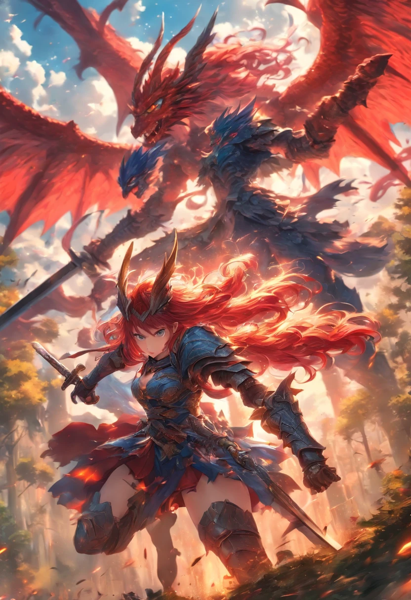 2 girls in armor with long sword, Blue and red hair fight against devils with, Dragon-like wings hinder clouds and forest, UHD, masterpiece, anatomically correct, high details, super detail, textured skin, best quality, 8k