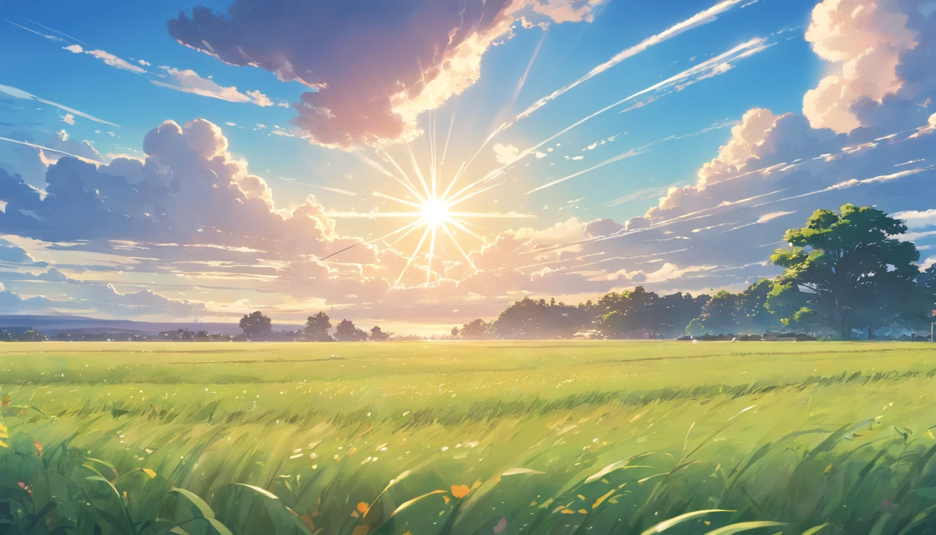 landscape of a field, clouds in a heavenly sky, and a bright sun, cinematic. 8k, realistic